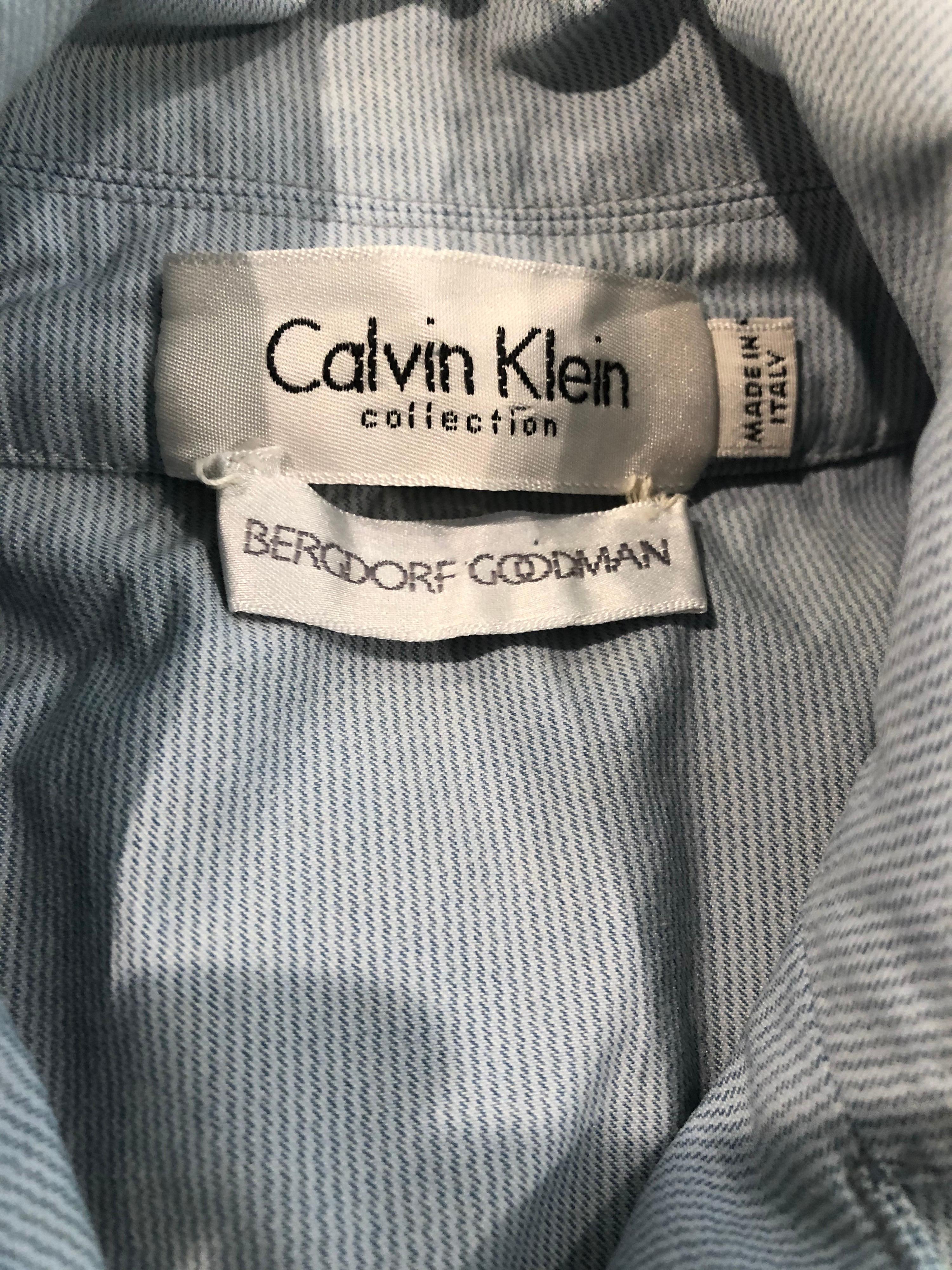 Calvin Klein Kollektion 1990er Größe 6 8 Seersucker Utility Vintage 90er Weste Shirt (Blau) im Angebot