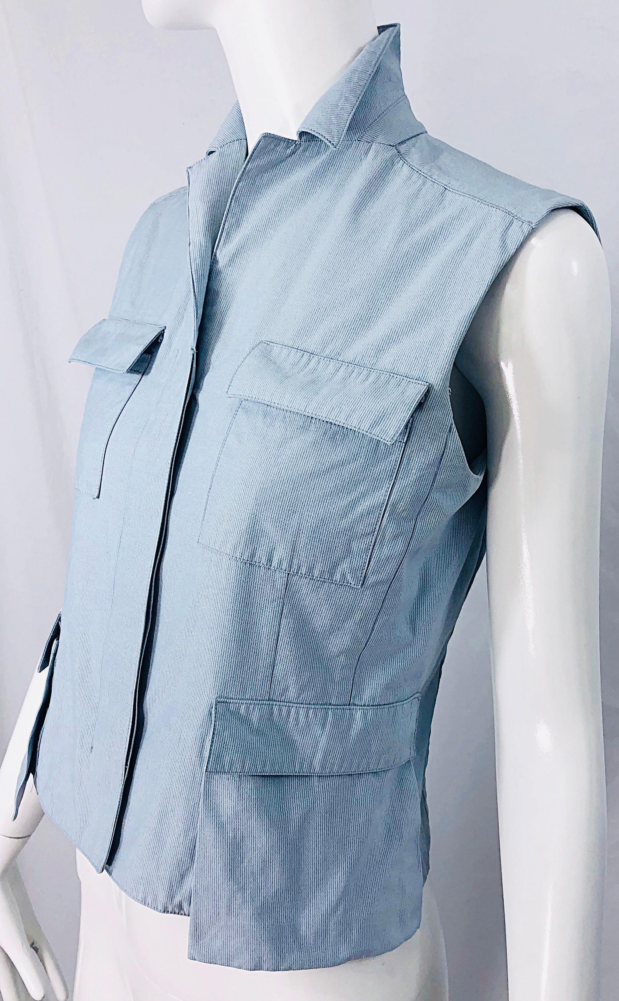 Blue Calvin Klein Collection 1990s Size 6 8 Seersucker Utility Vintage 90s Vest Shirt For Sale