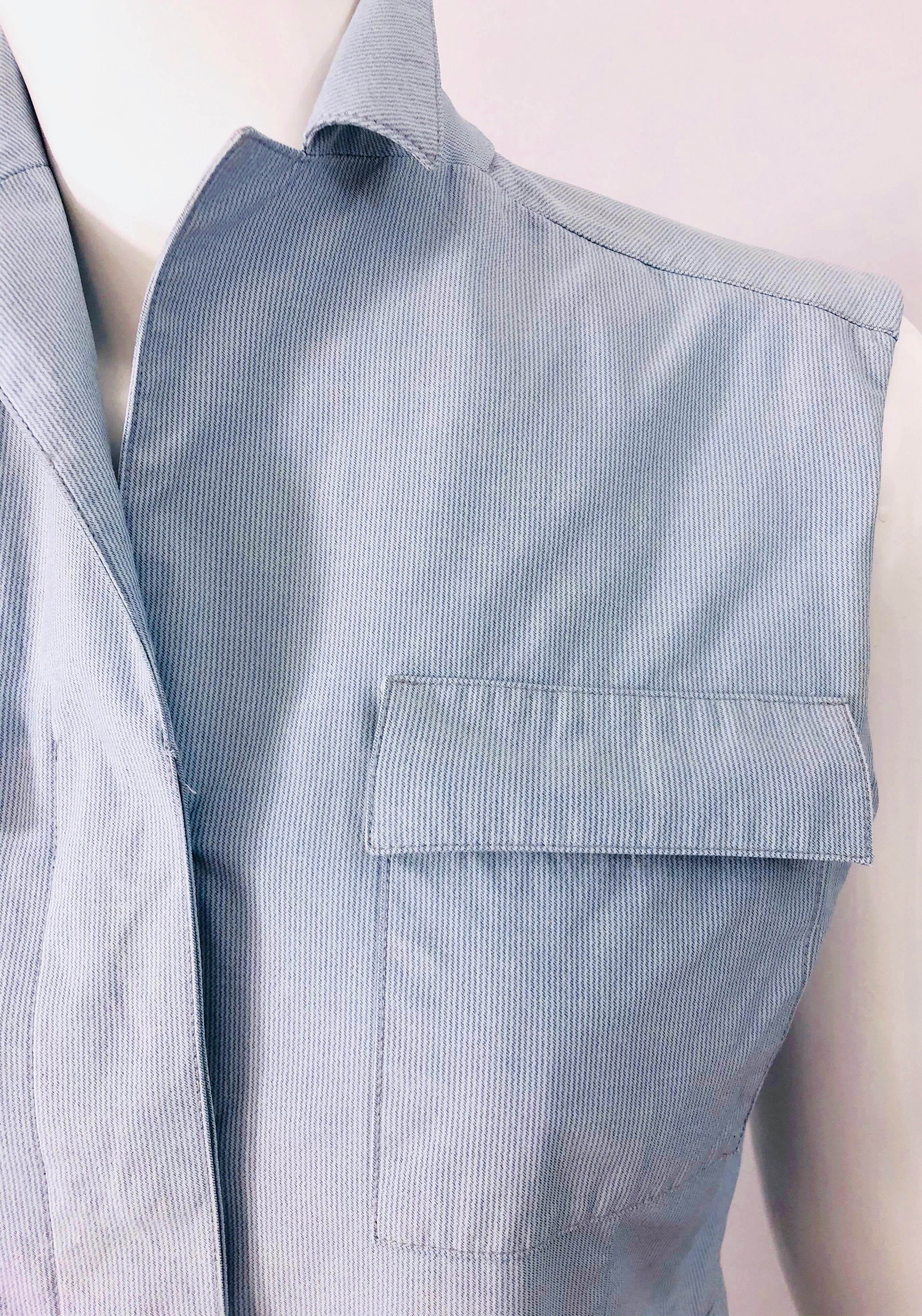 Calvin Klein Collection 1990s Size 6 Seersucker Utility Vintage 90s Vest Shirt In Excellent Condition For Sale In San Diego, CA