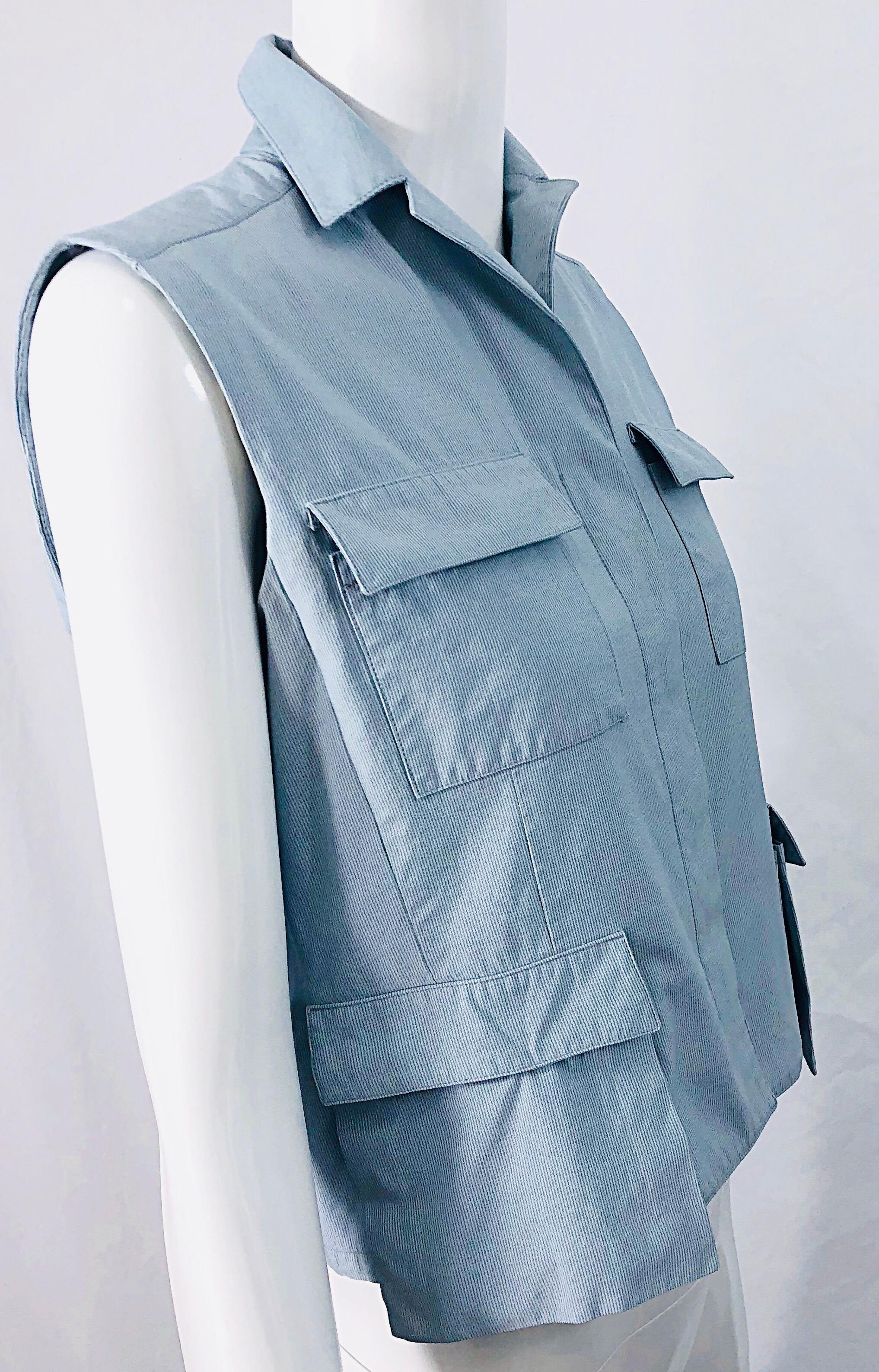 Calvin Klein Collection 1990s Size 6 8 Seersucker Utility Vintage 90s Vest Shirt For Sale 1