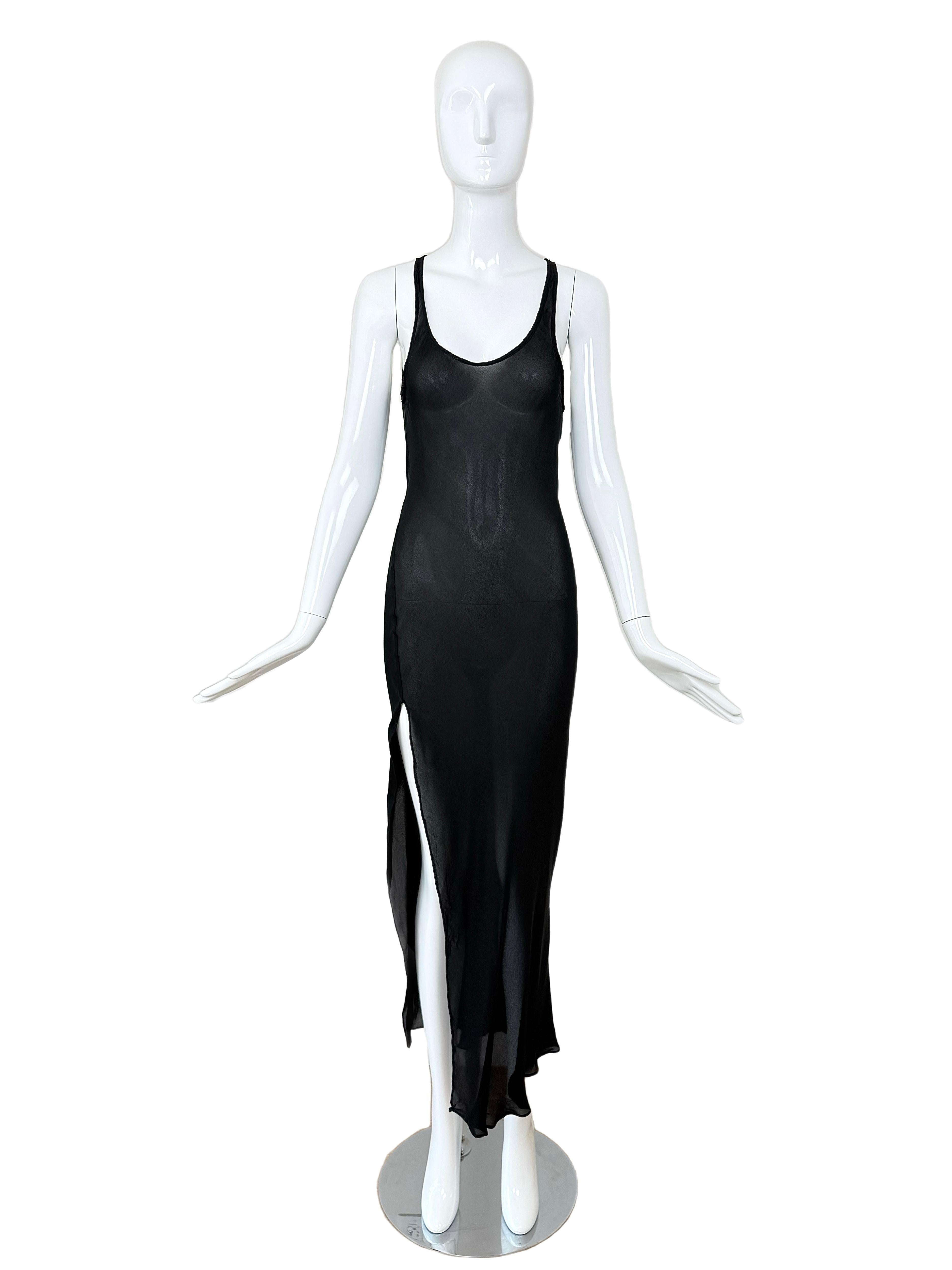 CALVIN KLEIN COLLECTION 90's Vintage Black Silk Sheer Long Dress Maxi Slit In Good Condition For Sale In Leonardo, NJ