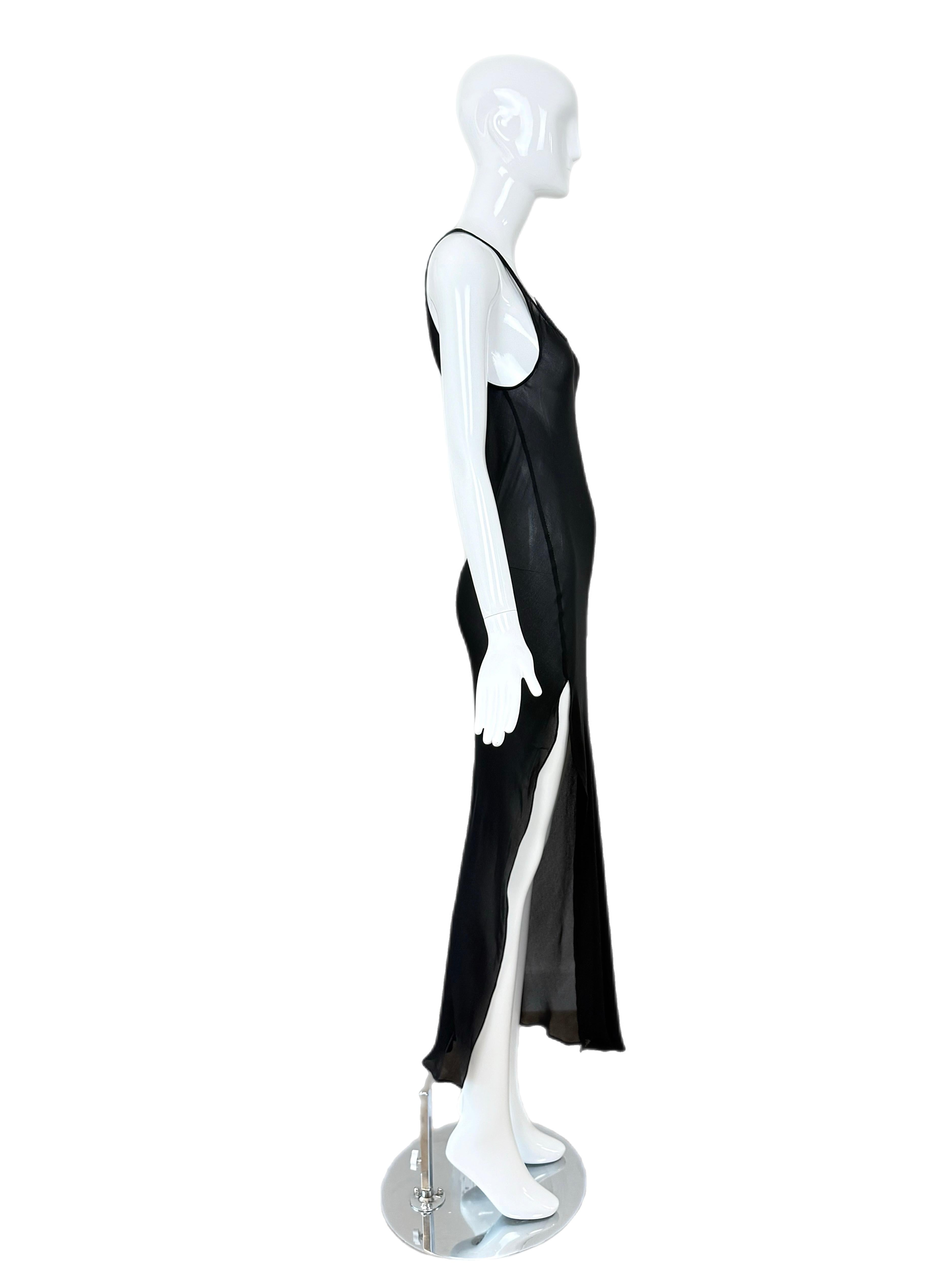 CALVIN KLEIN COLLECTION 90's Vintage Black Silk Sheer Long Dress Maxi Slit For Sale 1