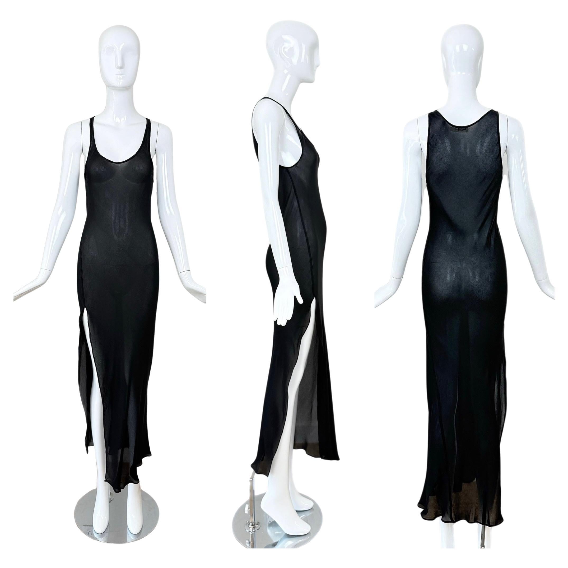 CALVIN KLEIN COLLECTION 90's Vintage Black Silk Sheer Long Dress Maxi Slit For Sale