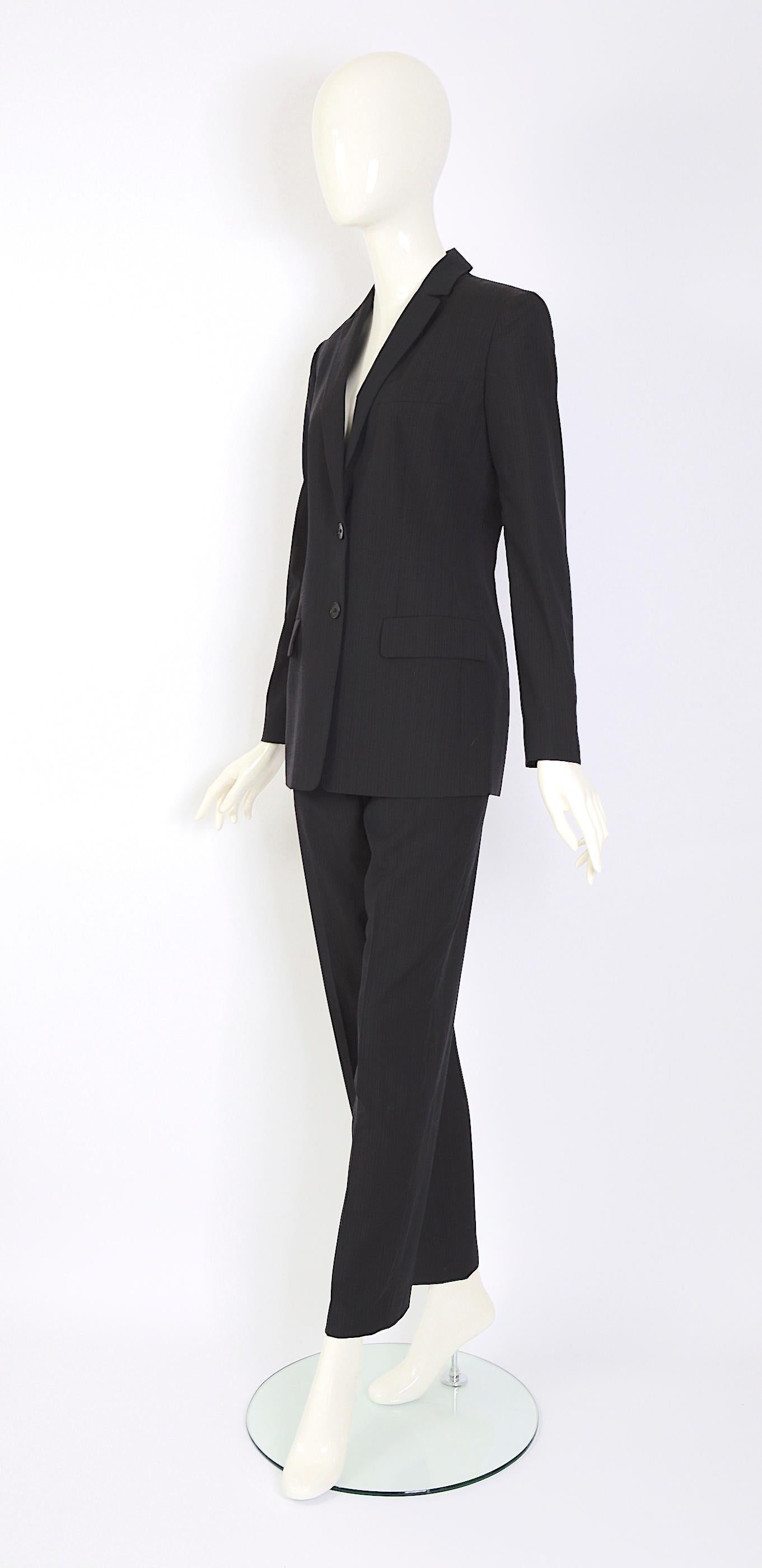 90s minimalism Calvin Klein collections by Calvin Klein vintage clean-lined pinstripe suit. 
No size label. 
Please go by measurements taken flat - Jacket: Sh to Sh 16inch/41cm - Ua to Ua 17inch/43cm(x2) - Waist 16inch/41cm(x2) - Total Length