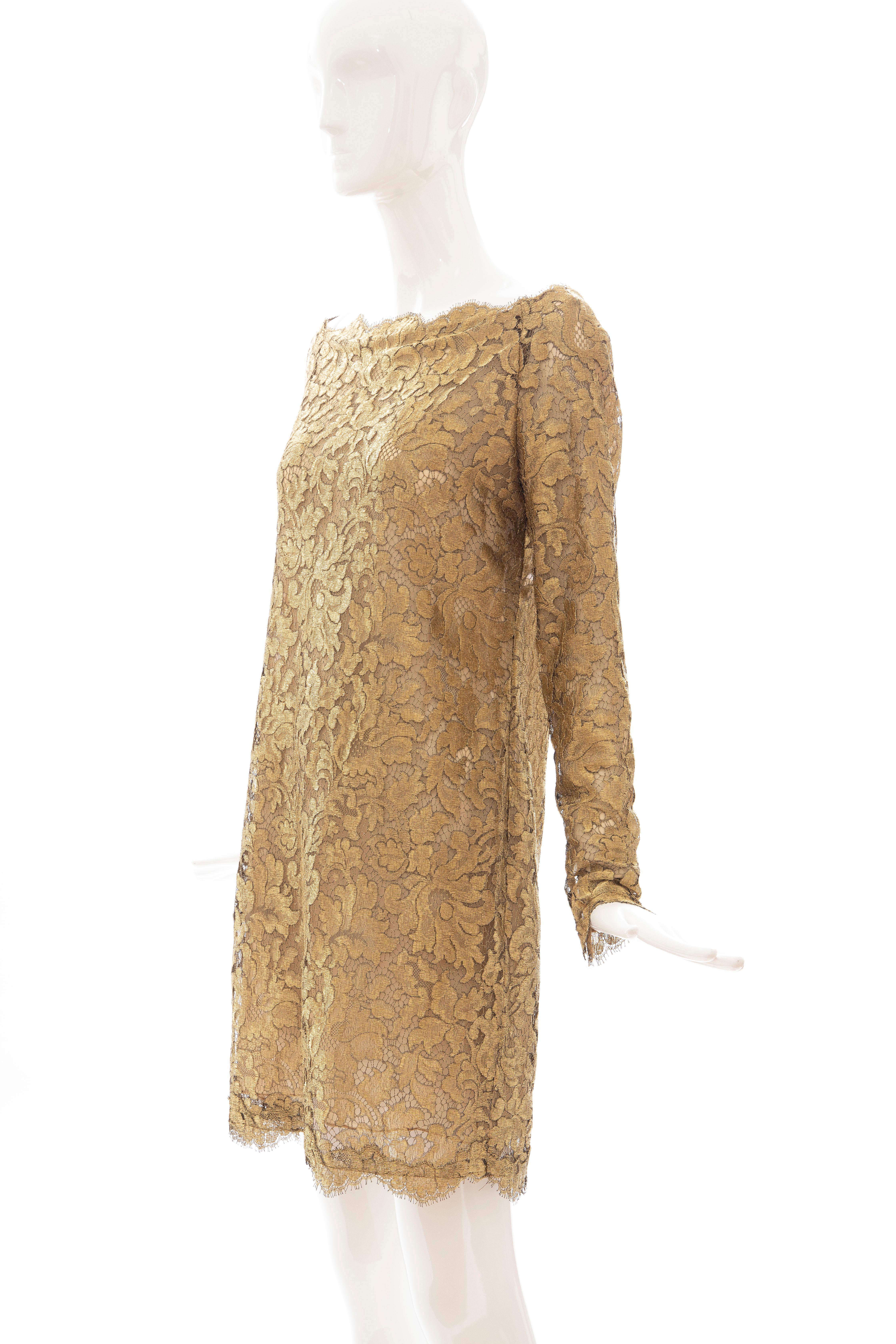 Calvin Klein Collection Metallic Gold Metal Lace Evening Dress, Fall 1991 In Excellent Condition For Sale In Cincinnati, OH