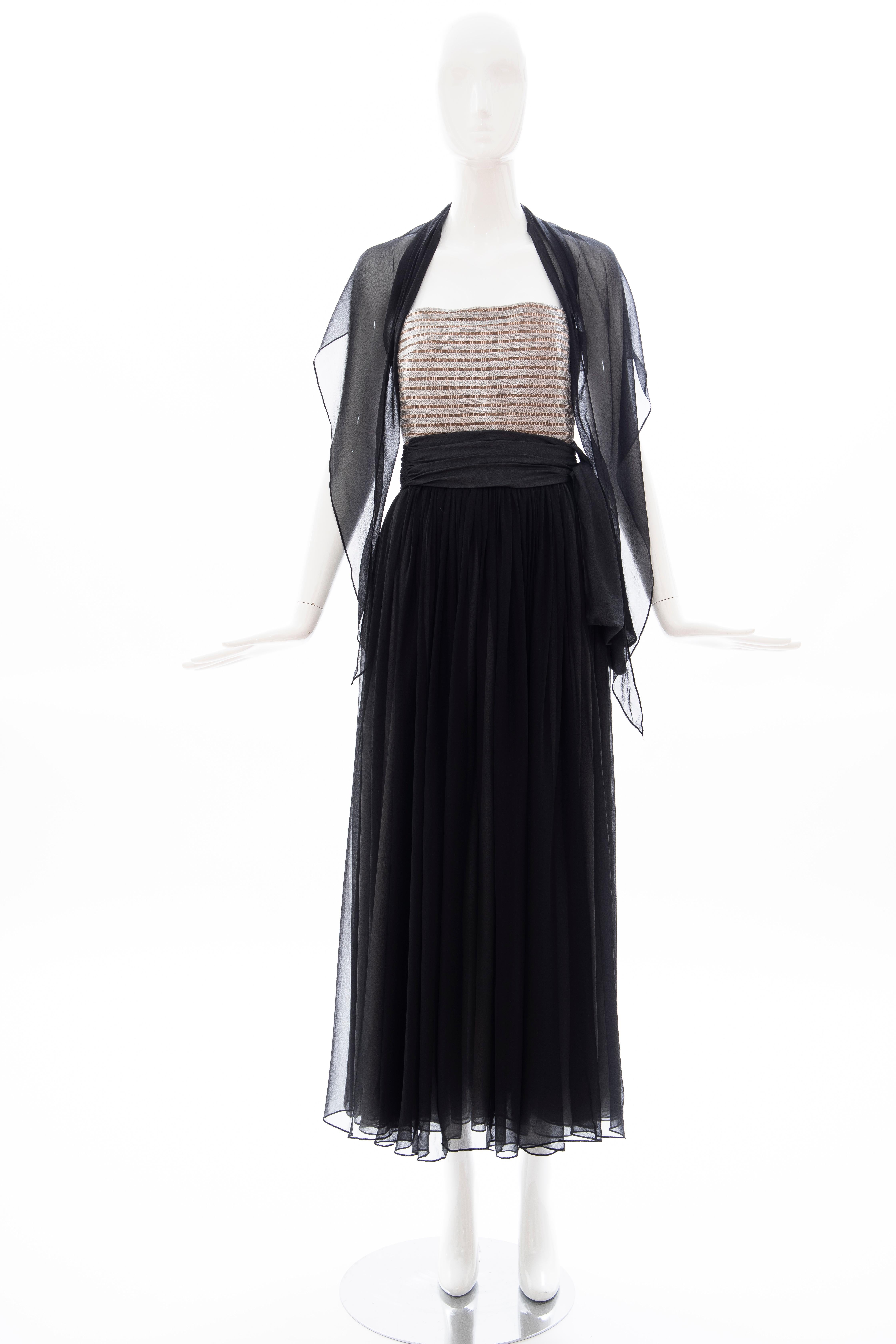 Calvin Klein Collection Runway Spring 1989, black strapless silk chiffon evening dress with striped silver metallic bust with side concealed zip and hook-and-eye closure and fully lined in silk chiffon.

No Size Label
Bust: 28