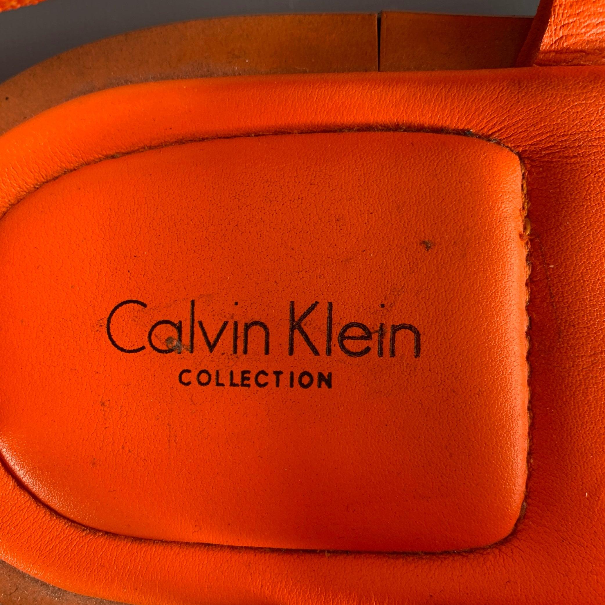 CALVIN KLEIN COLLECTION Size 12 Orange Leather Straps Sandals For Sale 4