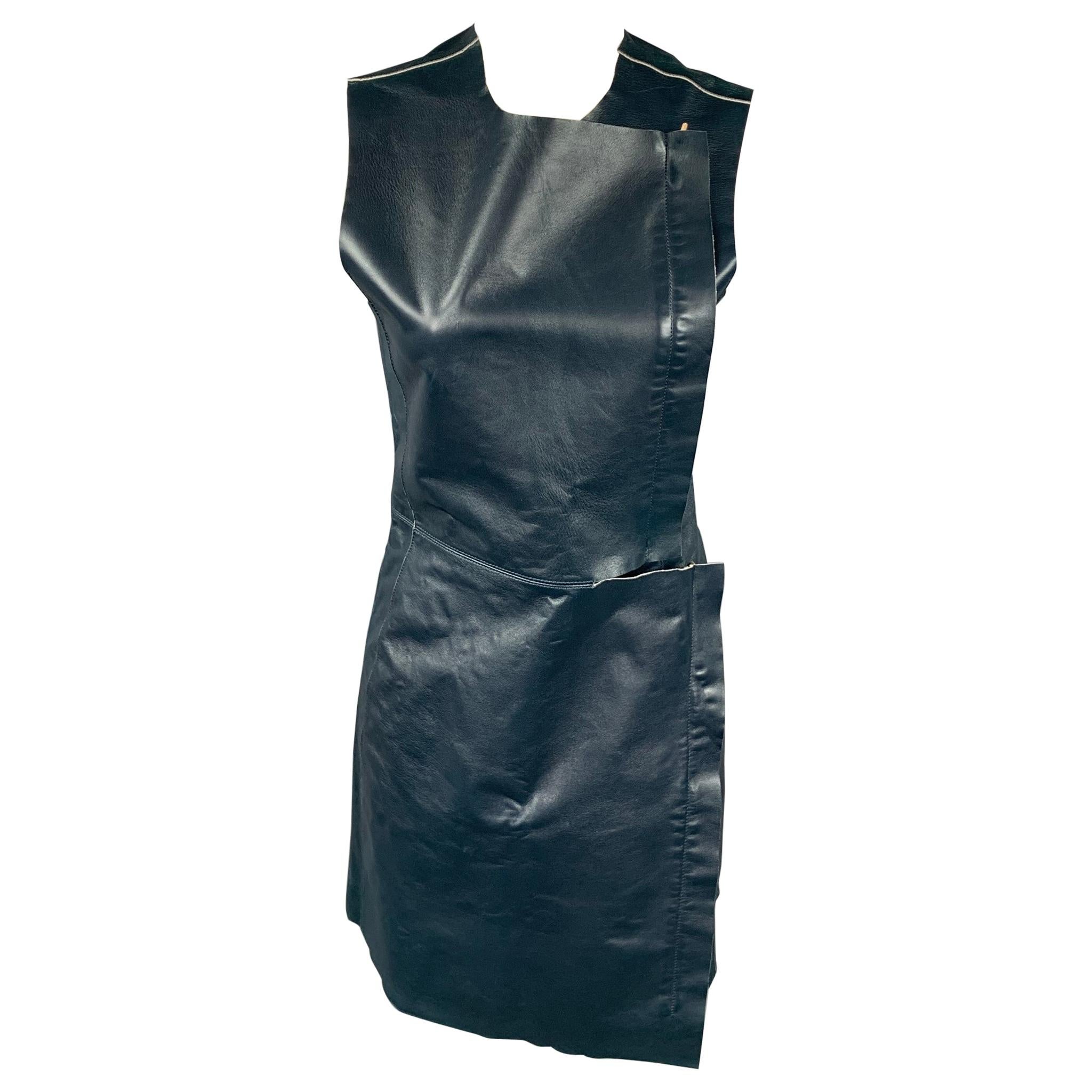 CALVIN KLEIN COLLECTION Size 2 Dark Blue Leather Lamb Skin Sheath Dress
