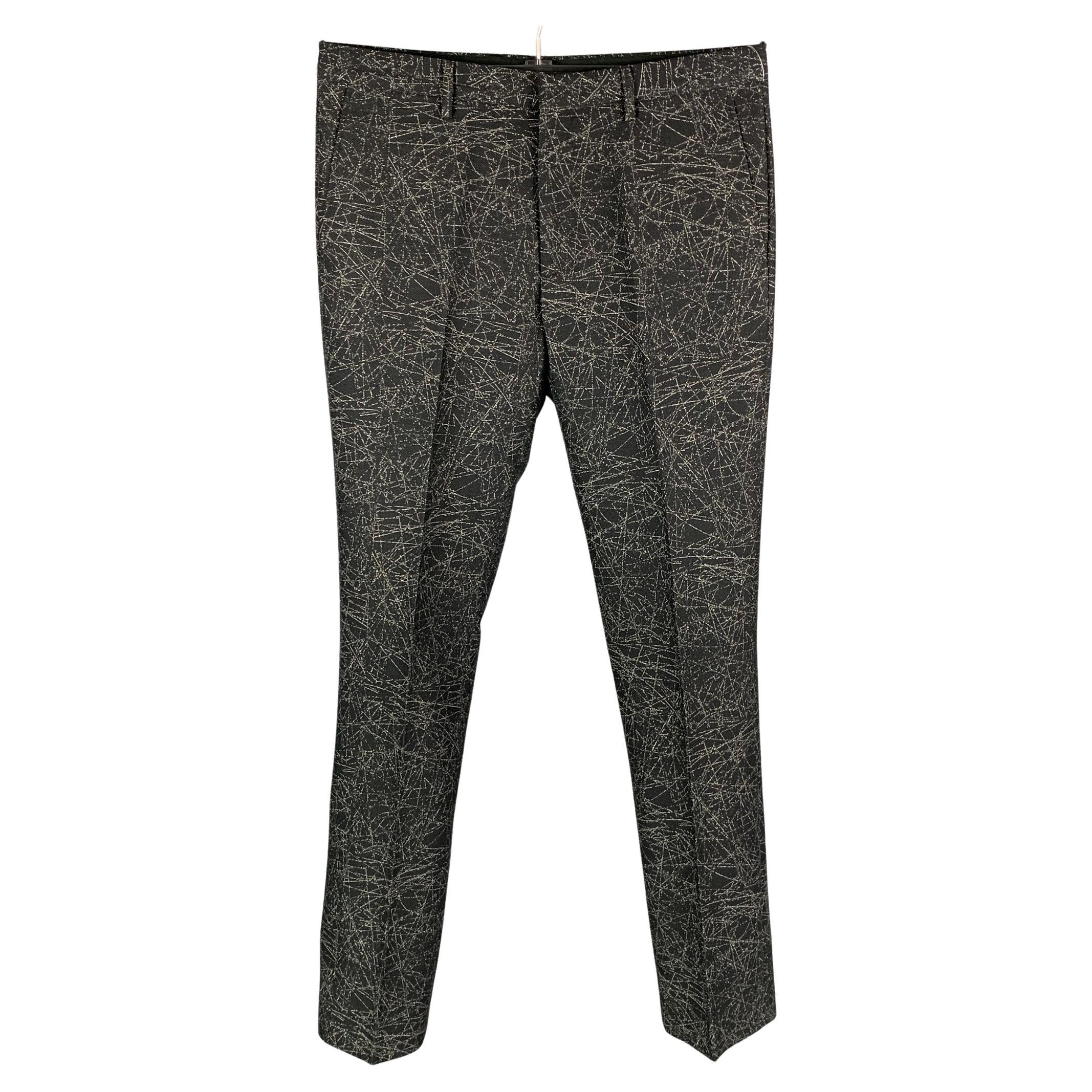 CALVIN KLEIN COLLECTION Size 32 Black & Grey Print Wool / Cotton Tuxedo Pants