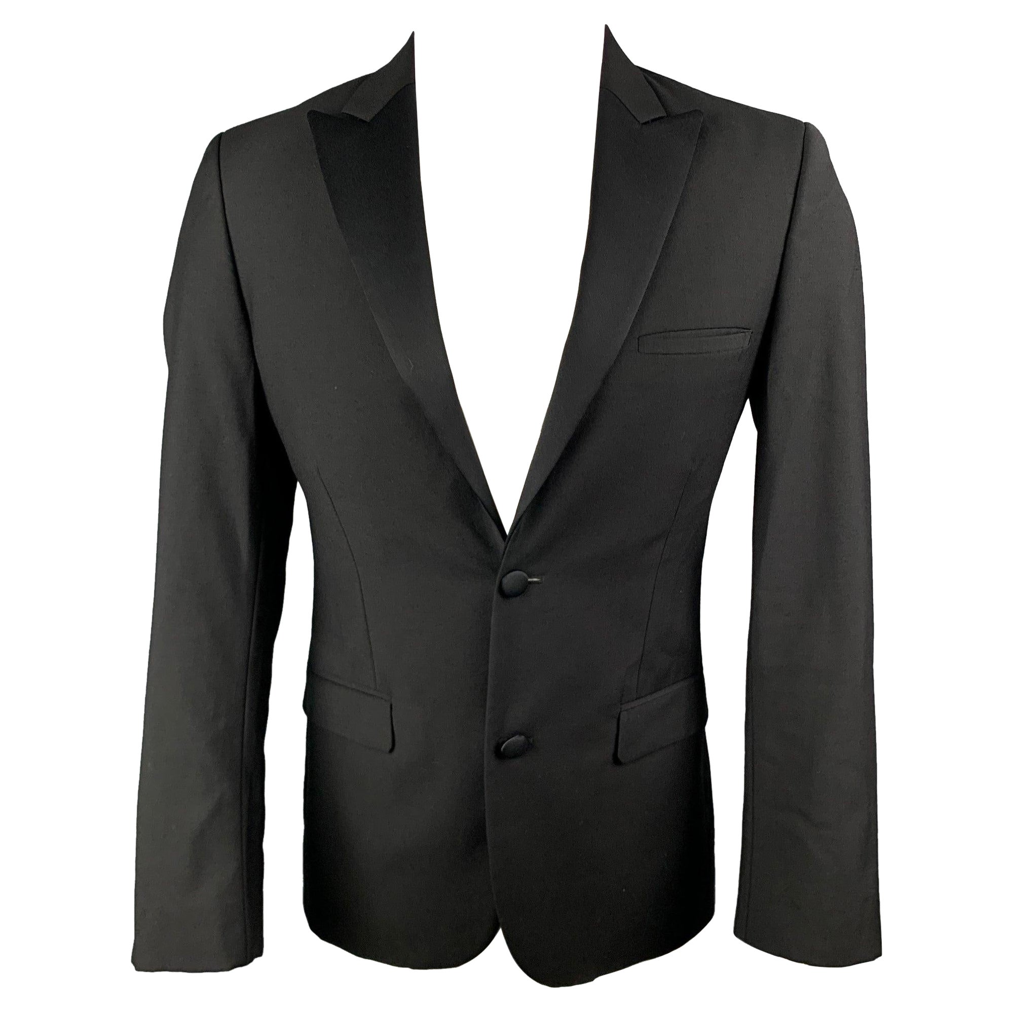 CALVIN KLEIN COLLECTION Größe 36 Schwarzer Wollmantel mit Spitzenrevers und Smoking aus Wolle