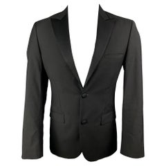 CALVIN KLEIN COLLECTION Größe 36 Schwarzer Wollmantel mit Spitzenrevers und Smoking aus Wolle