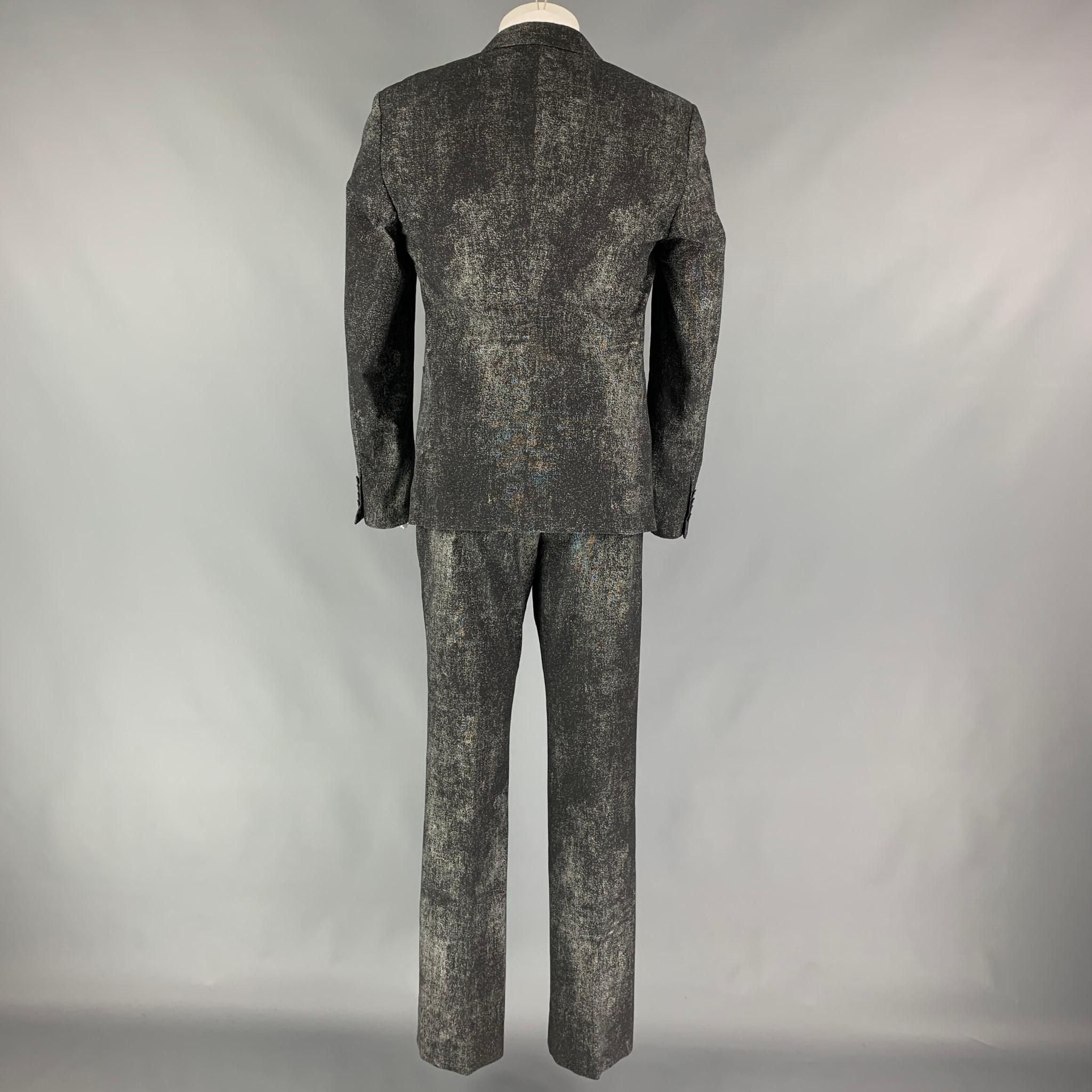 Men's CALVIN KLEIN COLLECTION Size 38 Black & Grey Splattered Cotton Blend Notch Lapel