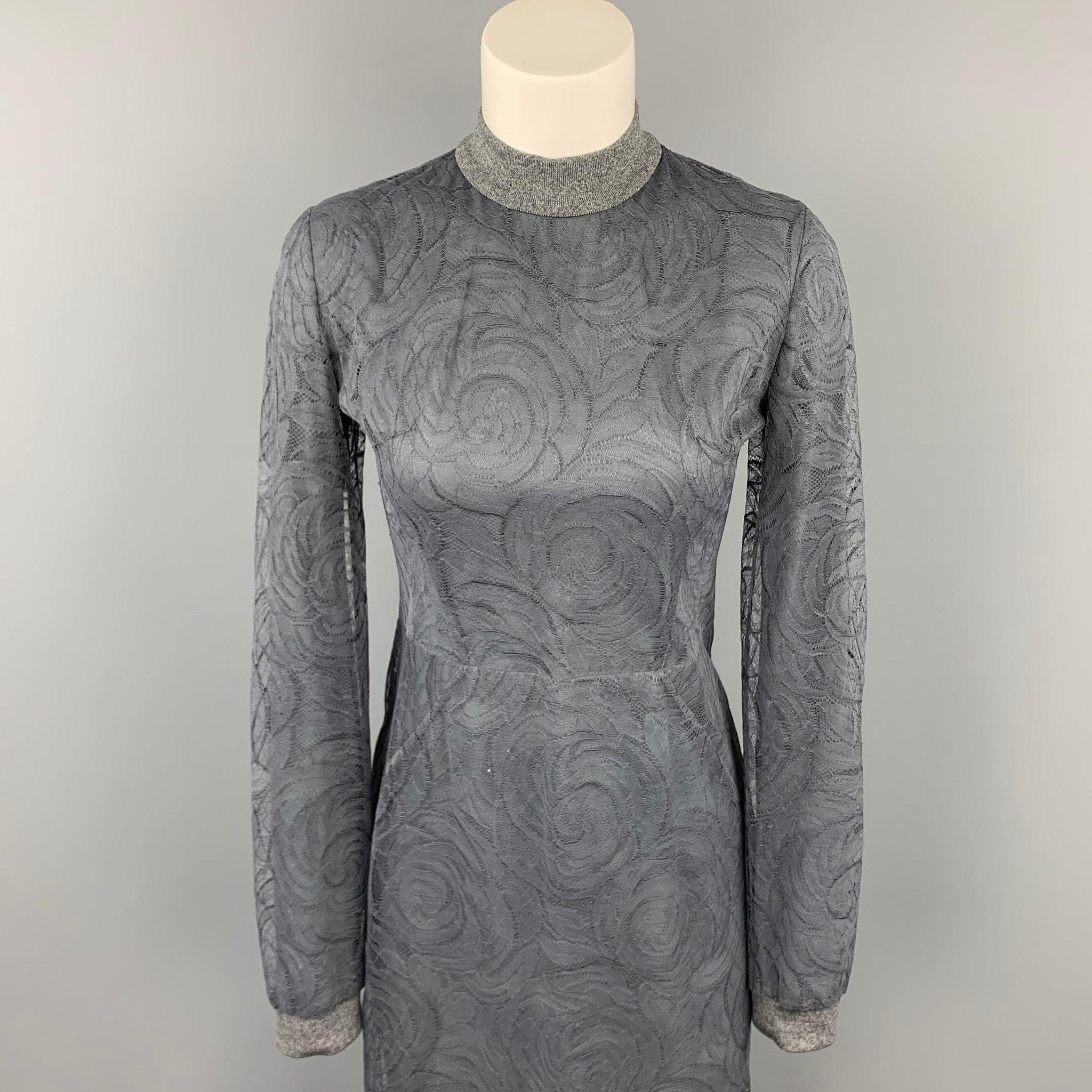 CALVIN KLEIN COLLECTION dress comes in a grey lace modal blend featuring a sheath style, bubble hem, long sleeves, and a back zip up closure. Made in Italy.Very Good
 Pre-Owned Condition. 
 

 Marked:  4/40 
 

 Measurements: 
  
 Shoulder: 14