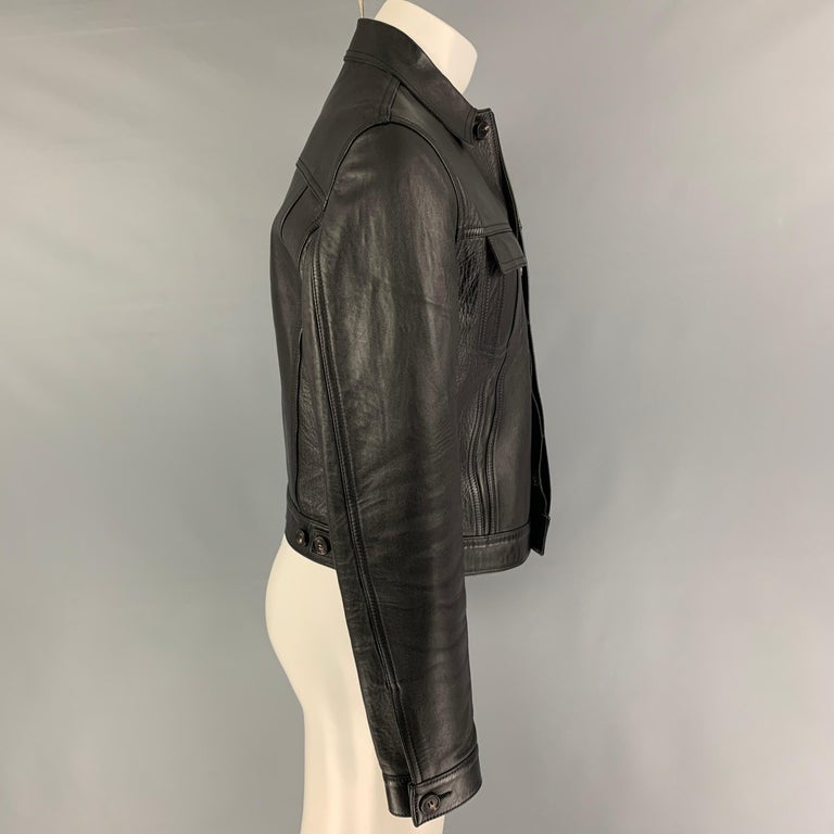 CALVIN KLEIN COLLECTION Size 42 Black Leather Trucker Jacket For Sale ...