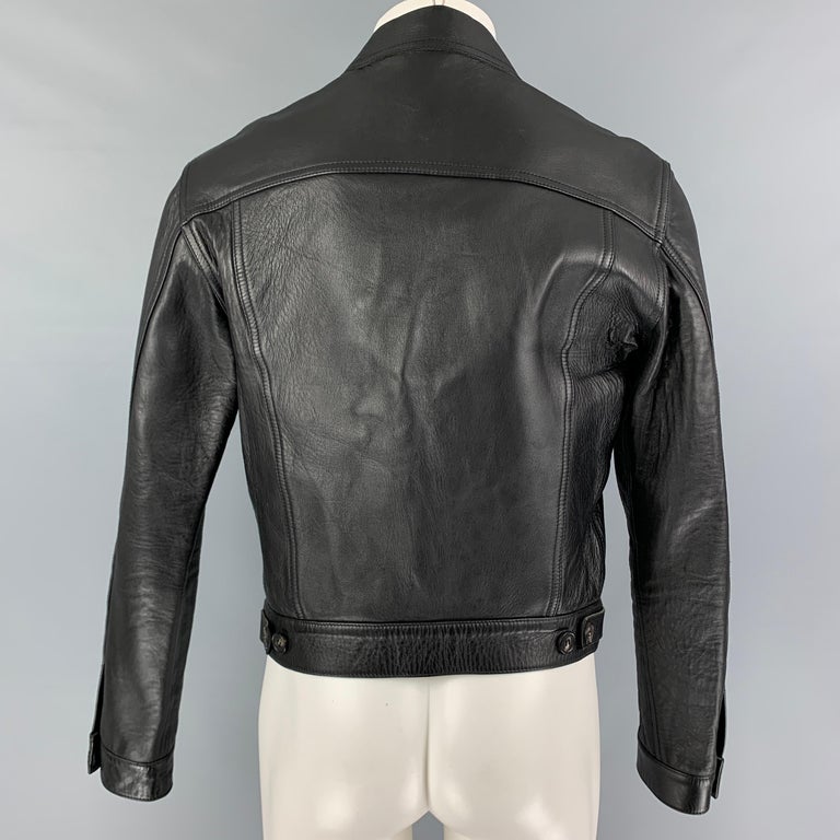CALVIN KLEIN COLLECTION Size 42 Black Leather Trucker Jacket For Sale ...