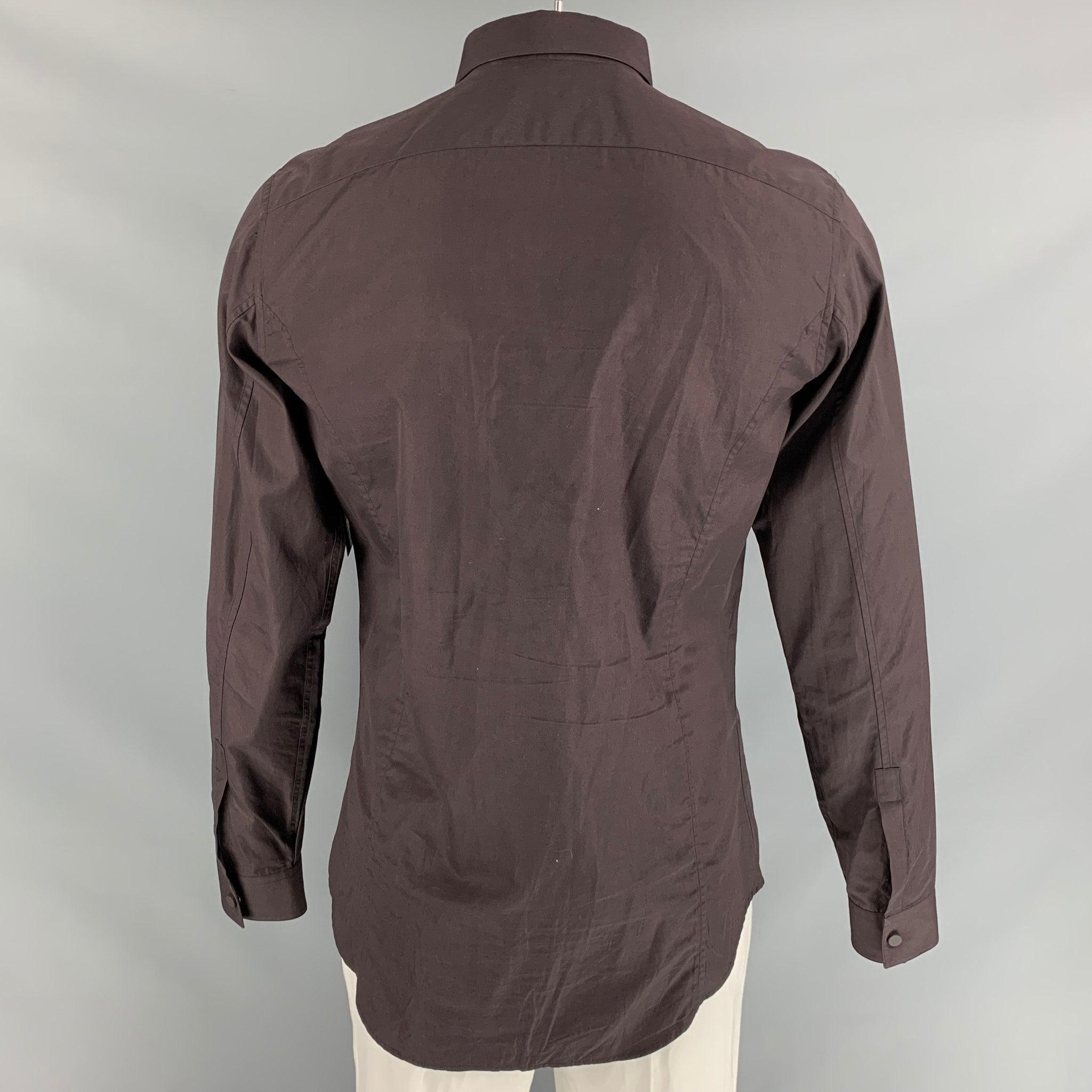 Men's CALVIN KLEIN COLLECTION Size L Solid  Brown  Cotton Snaps  Long Sleeve Shirt For Sale