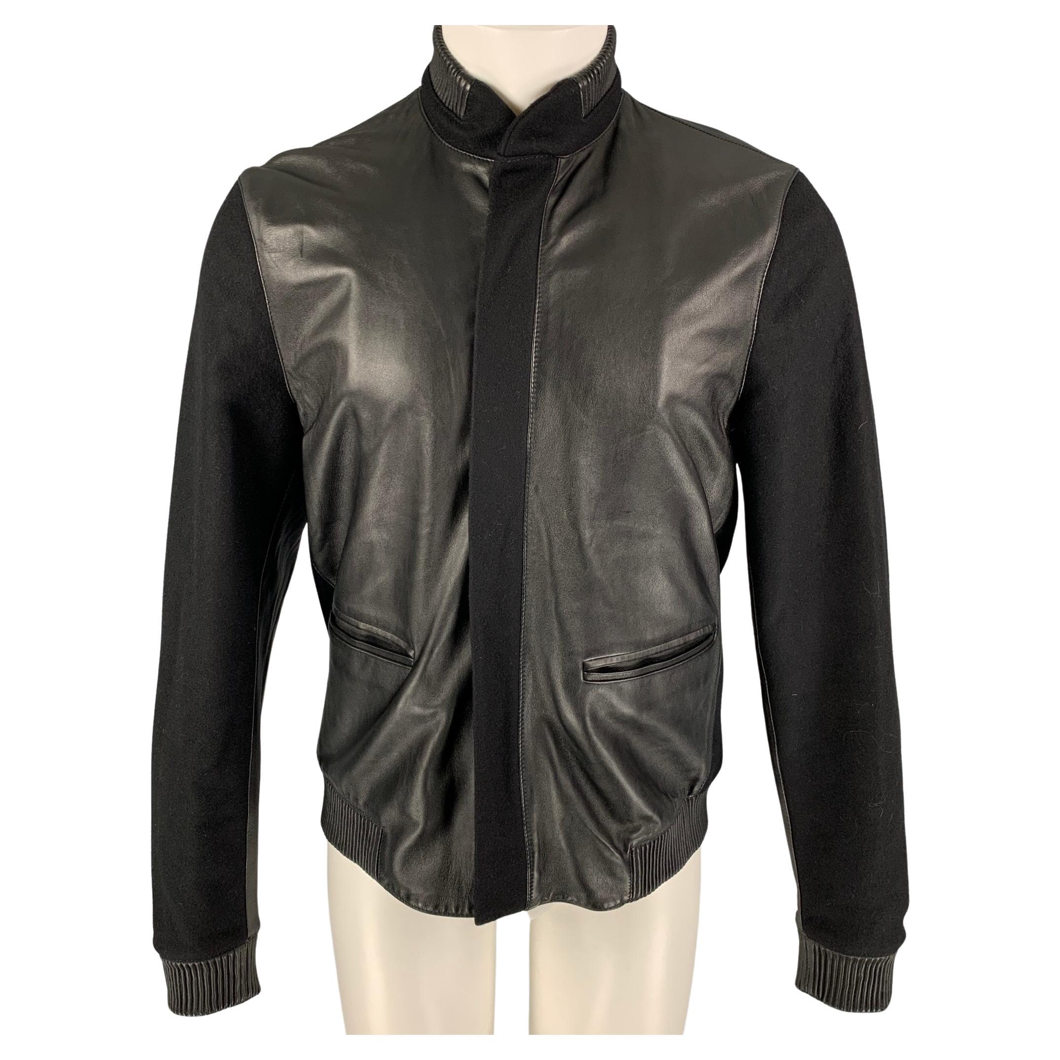CALVIN KLEIN COLLECTION Size M Black Leather Canvas Bomber Jacket