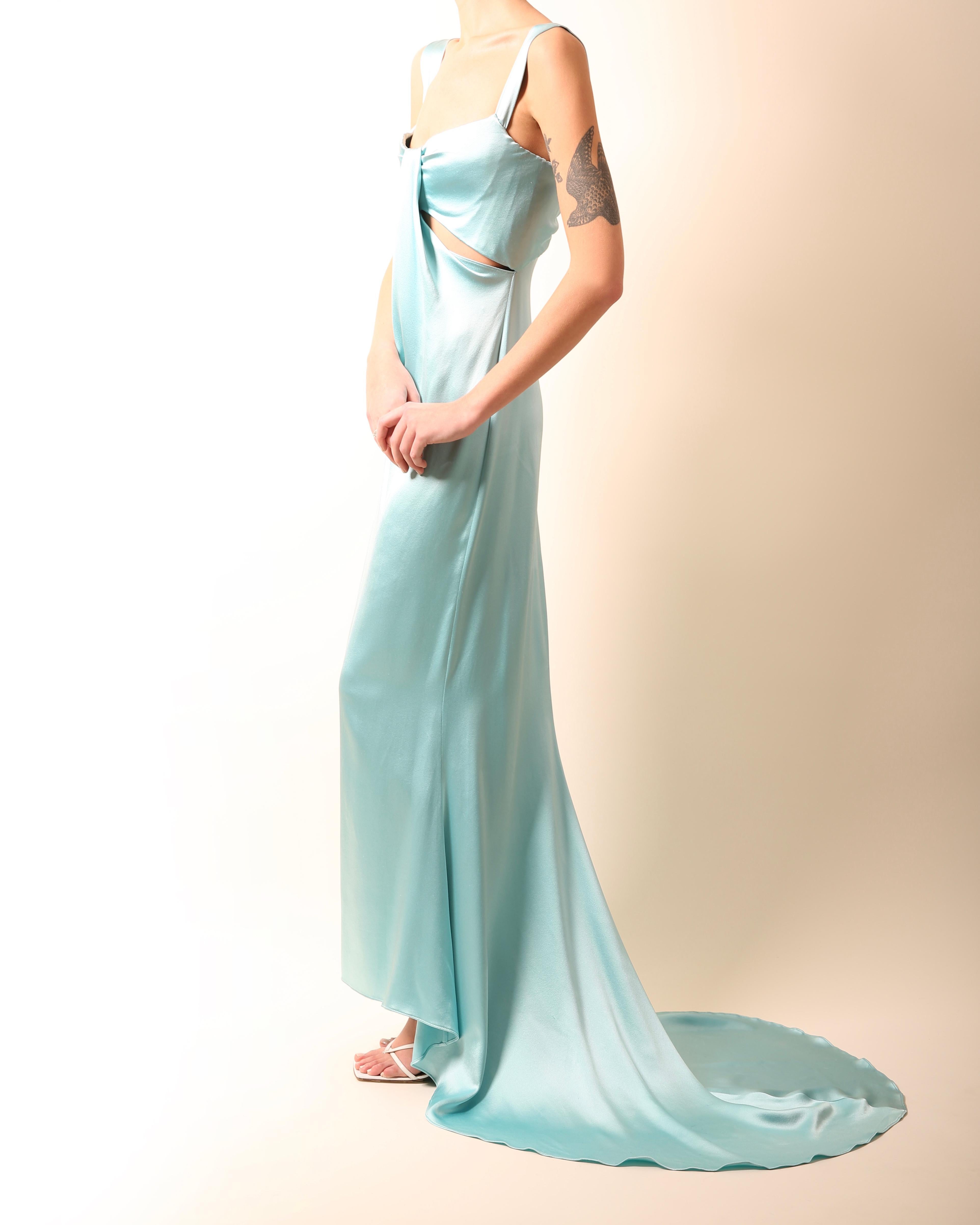 Calvin Klein Collection Türkisfarbenes Maxikleid aus Seidenkorsett und Bustier mit Ausschnitt 6 im Zustand „Gut“ in Milano, Lombardia