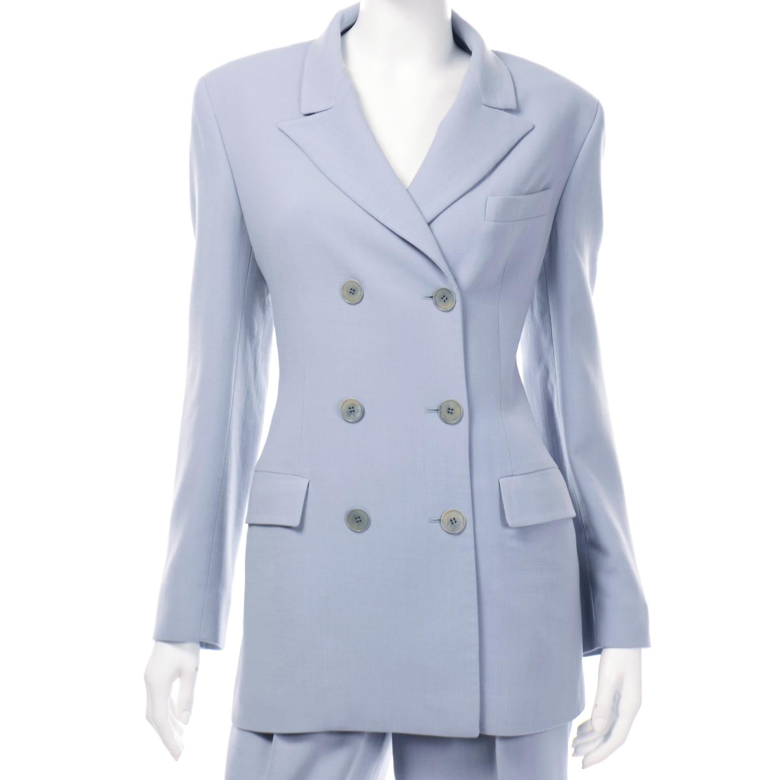 Calvin Klein Collection Vintage Periwinkle Blue Suit Jacket & High Rise Pants In Excellent Condition For Sale In Portland, OR