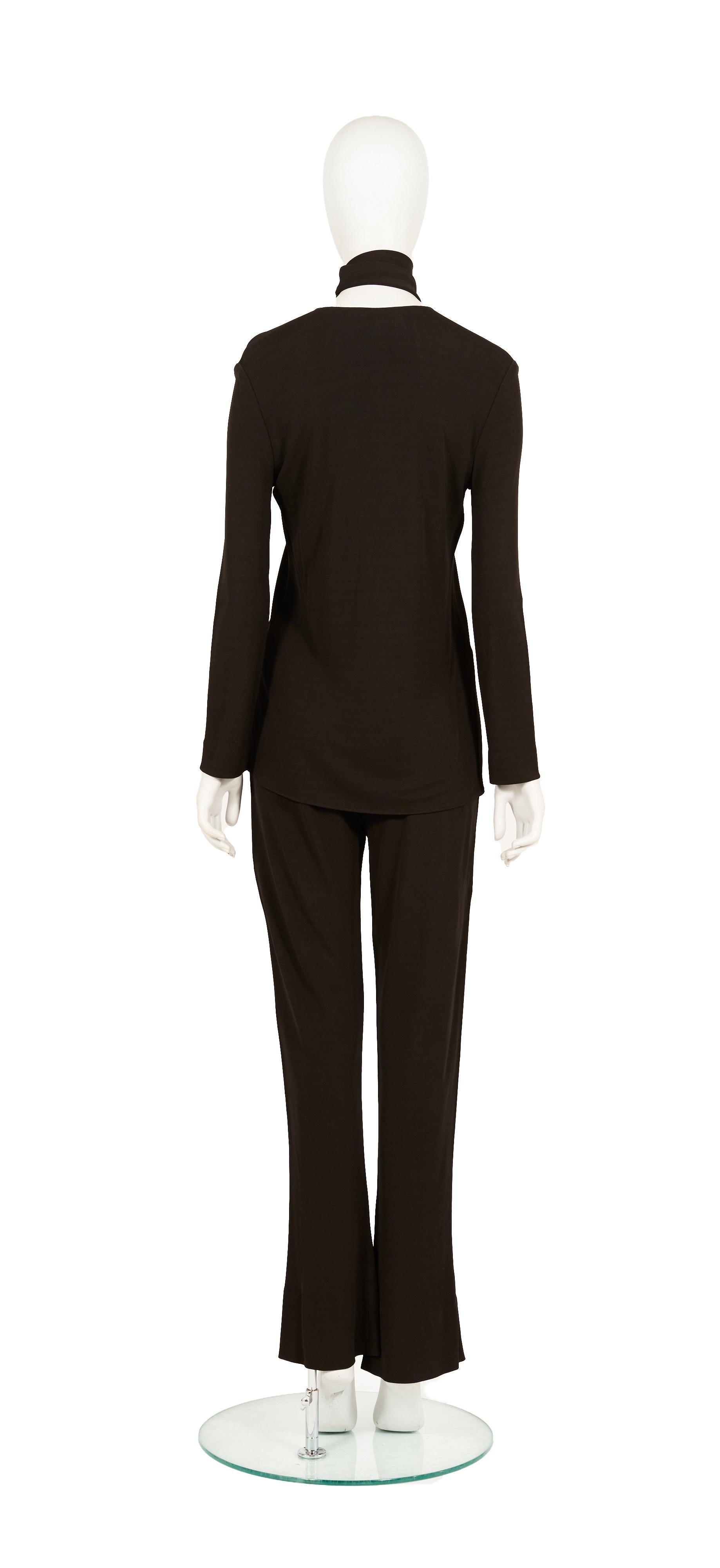 Black Calvin Klein F/W 2001 brown viscose set + skinny scarf