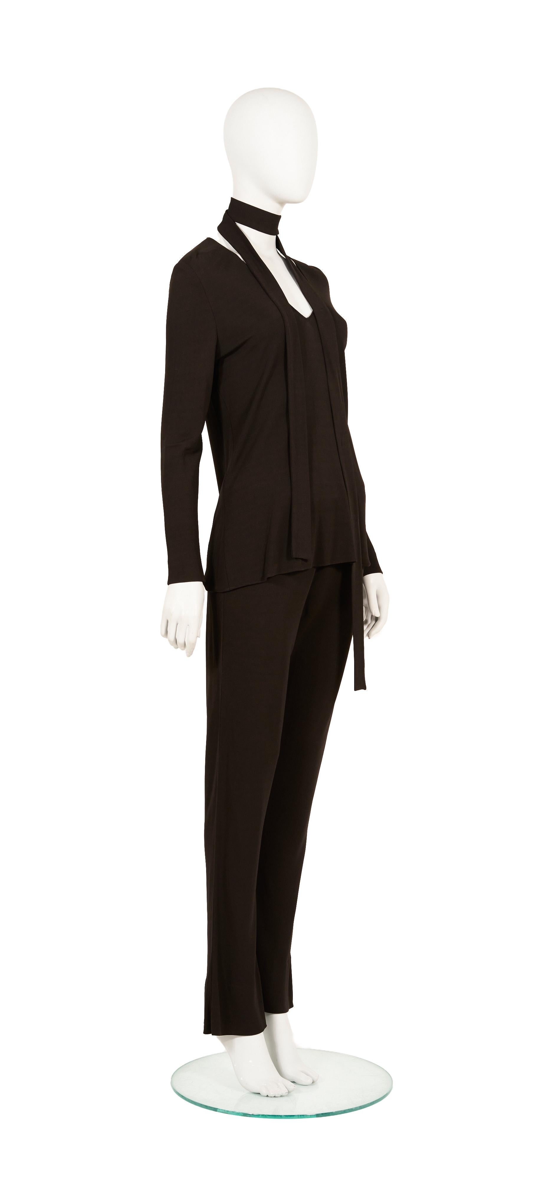 Calvin Klein F/W 2001 brown viscose set + skinny scarf In Excellent Condition In Rome, IT