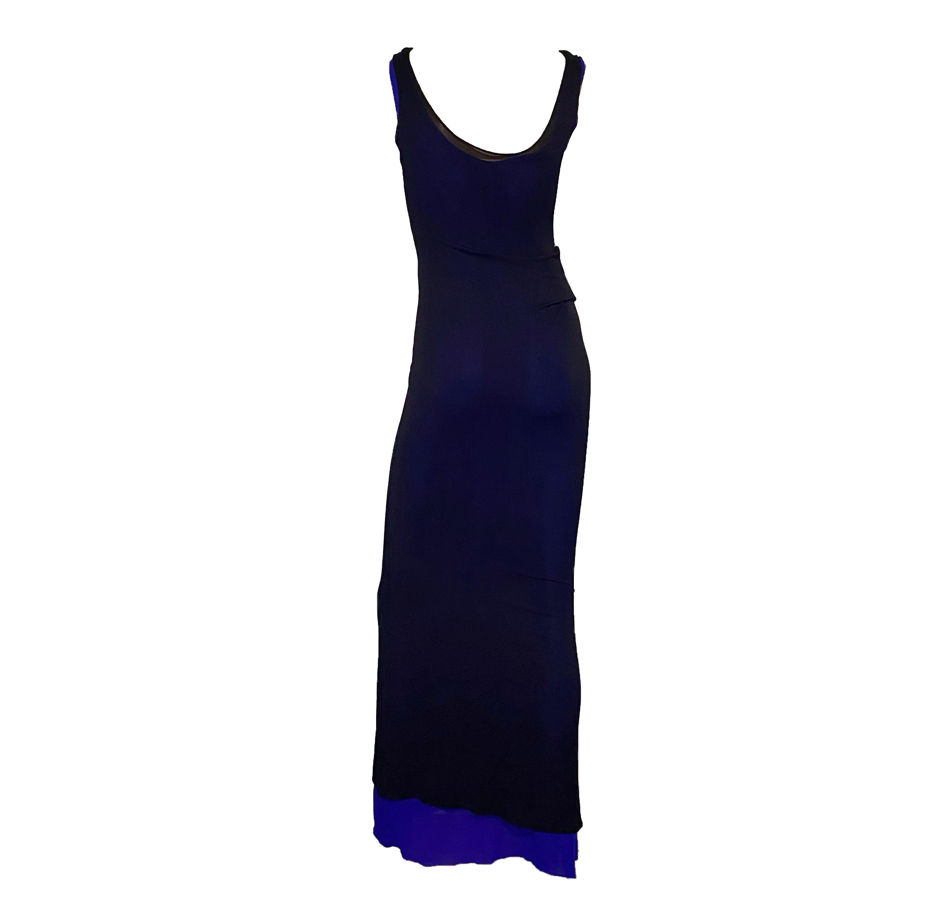 Calvin Klein S/S 1997 double-layered black mesh / blue wiggle dress In Good Condition In Rome, IT