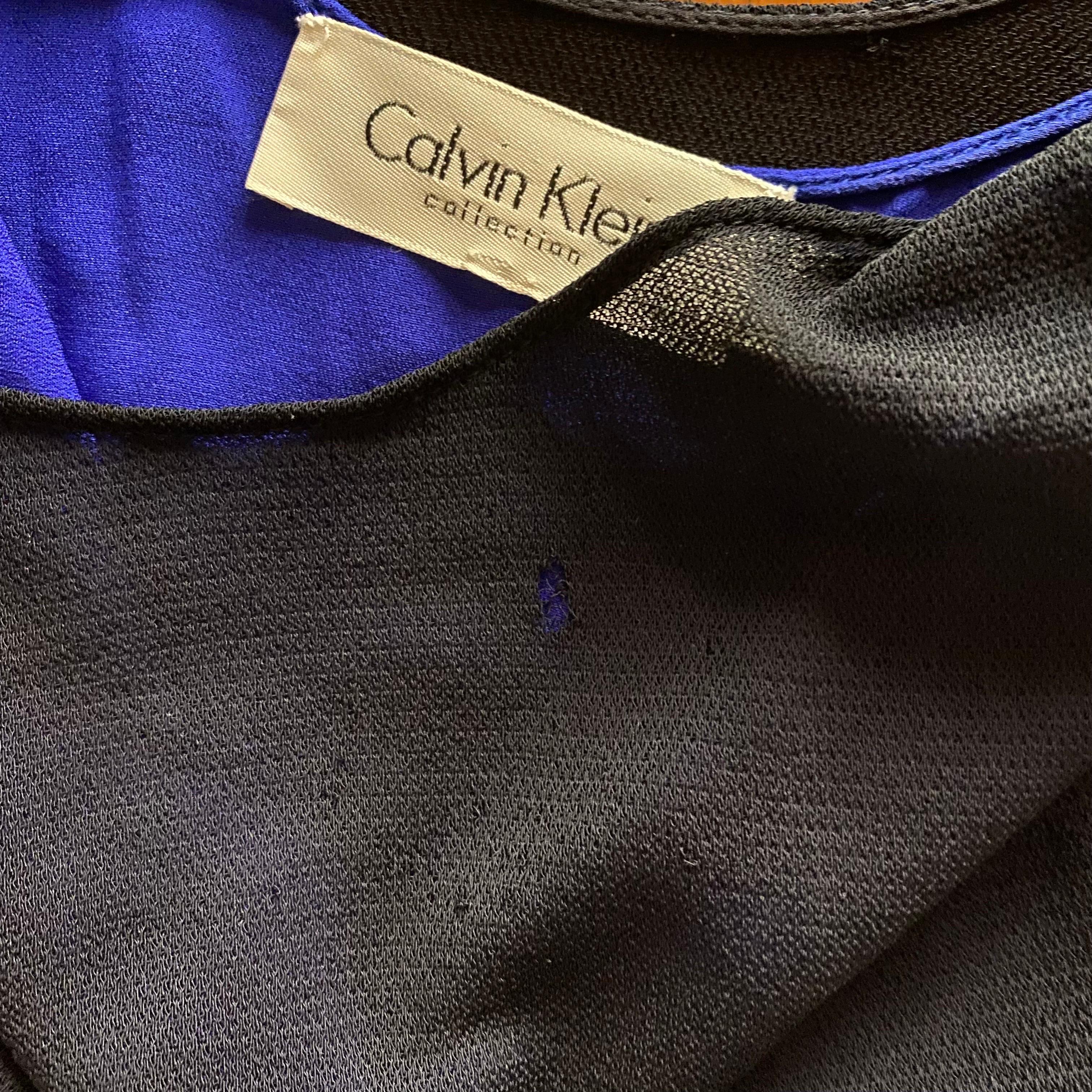 Women's Calvin Klein S/S 1997 double-layered black mesh / blue wiggle dress