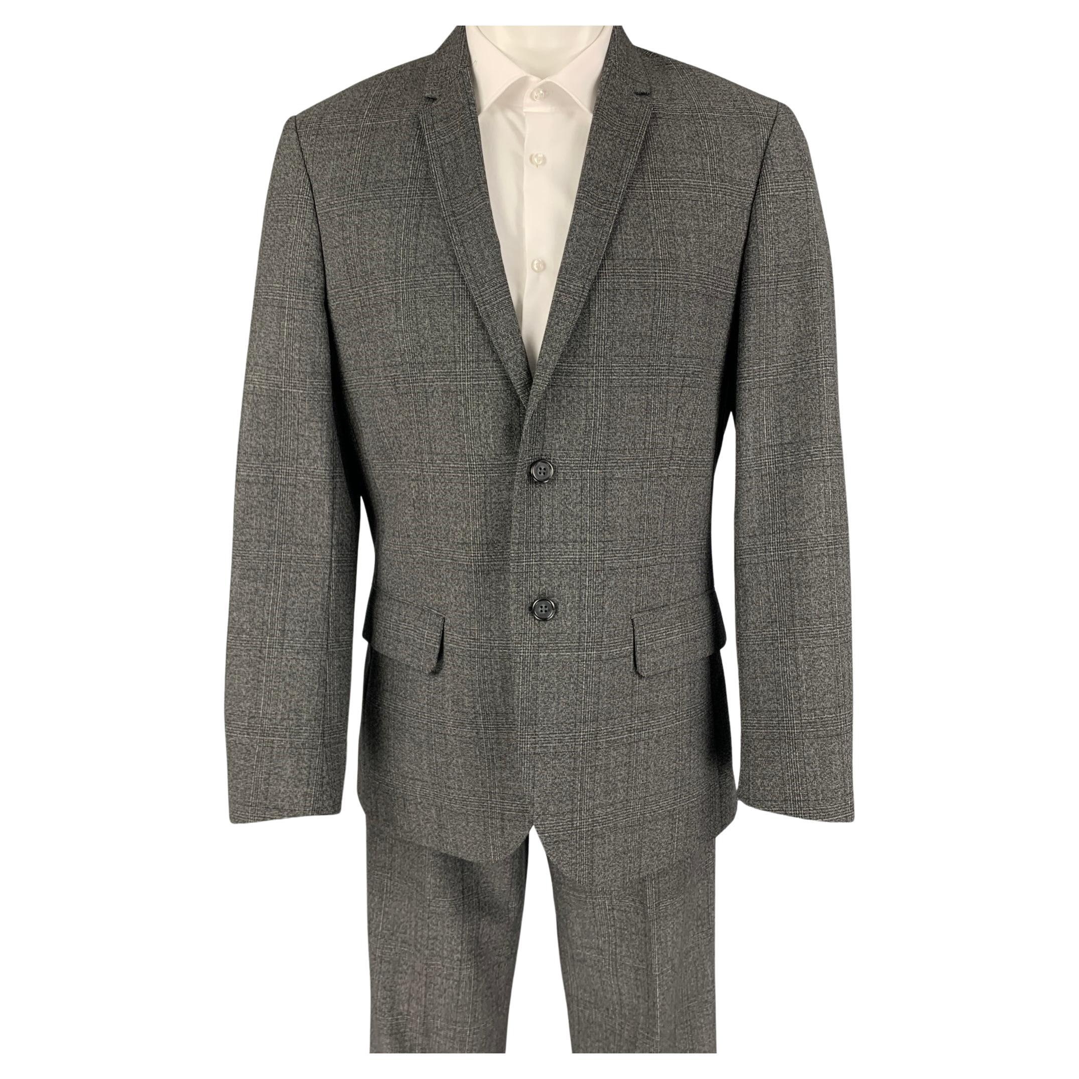 CALVIN KLEIN Size 42 Regular Grey Plaid Wool Blend Notch Lapel Suit