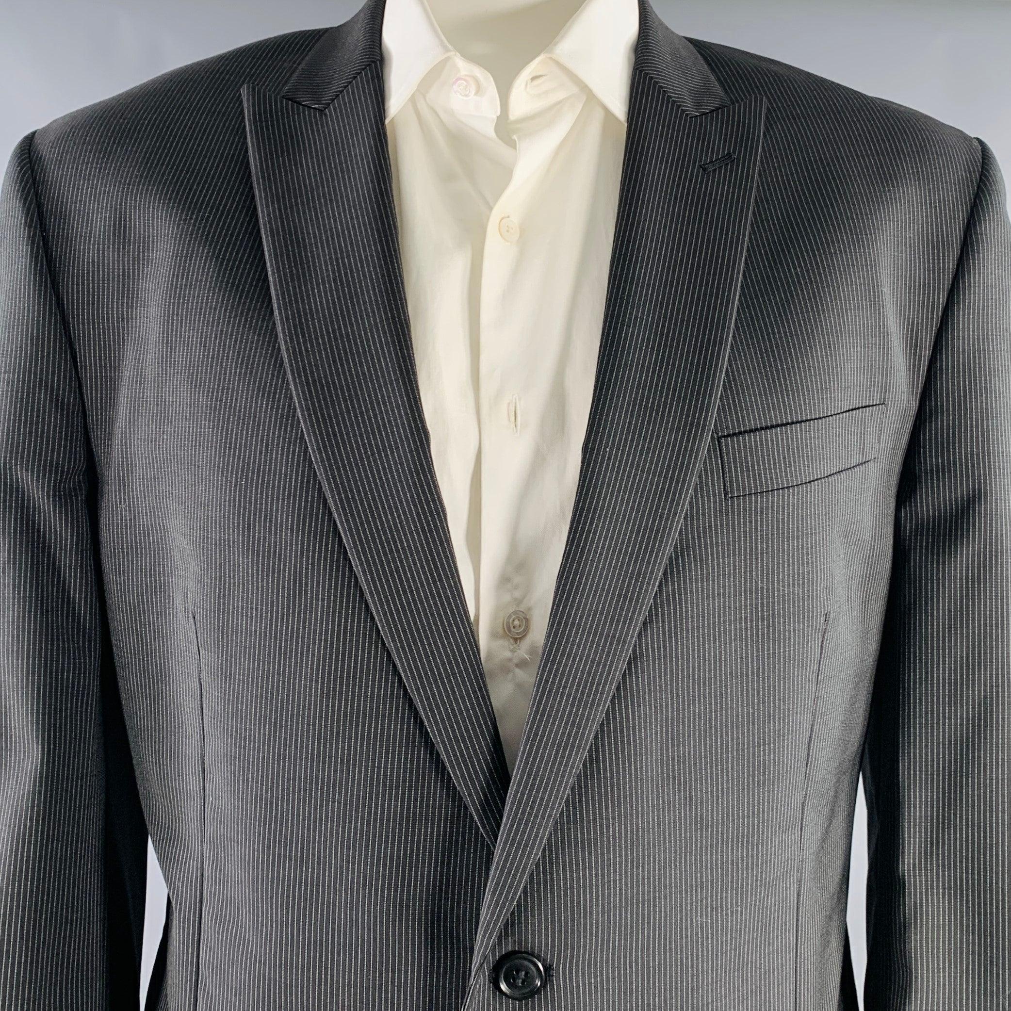 Men's CALVIN KLEIN Size 46 Black White Pinstripe Wool Single Breasted Suit For Sale