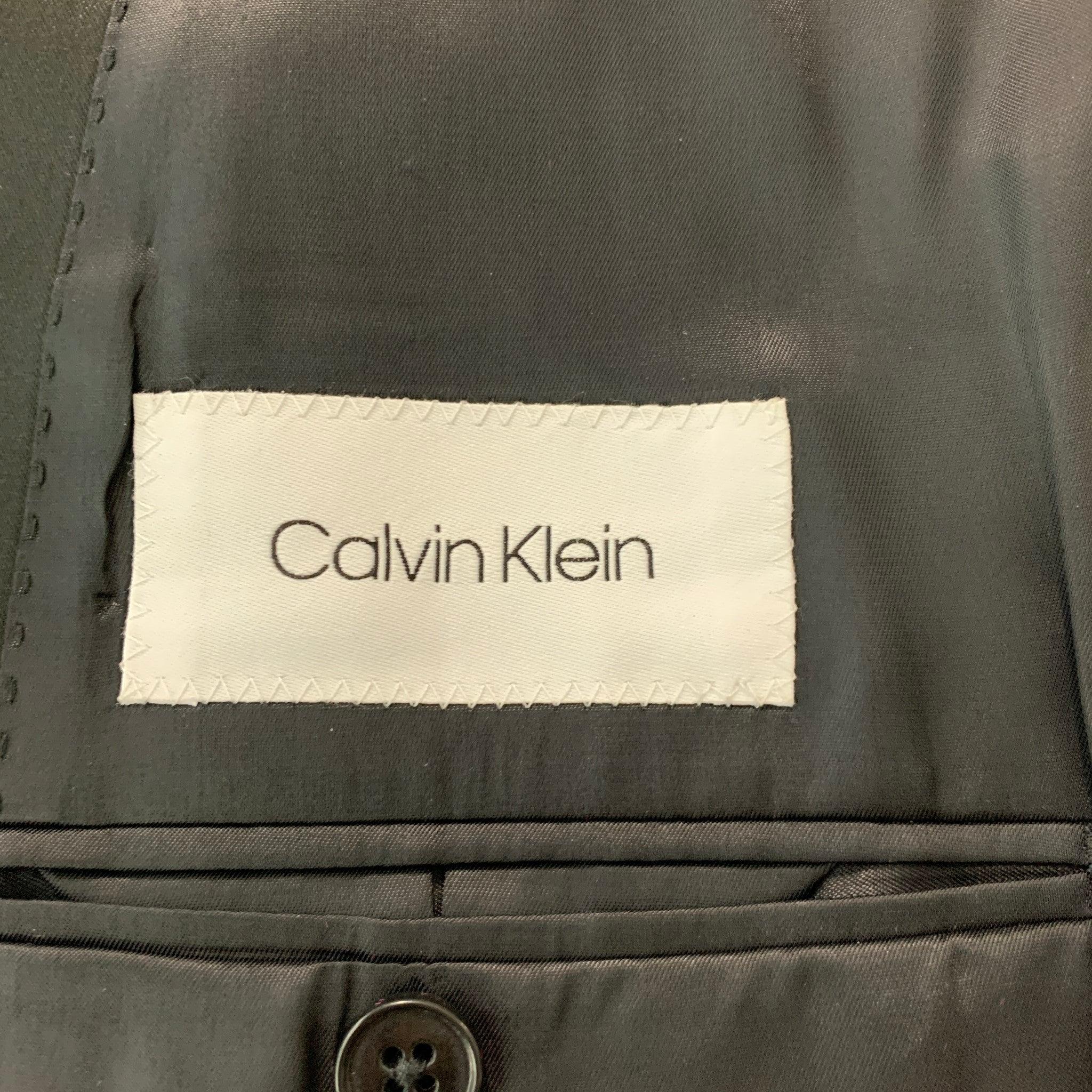 CALVIN KLEIN Size 46 Long Black Solid Wool Tuxedo Sport Coat For Sale 1