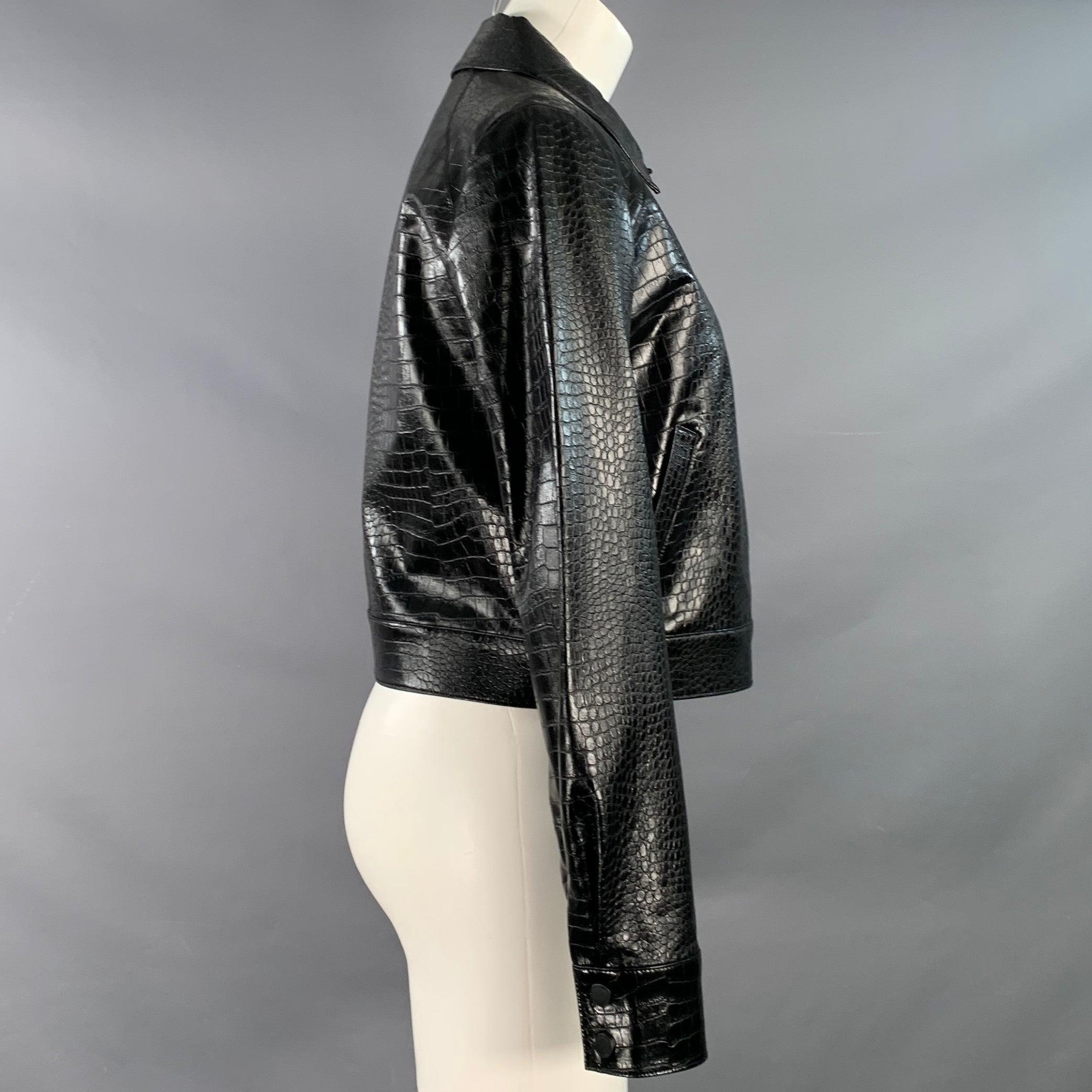 CALVIN KLEIN jacket
in a black croc embossed polyurethane faux leather featuring a point collar, two slip pockets, and snap closure.Excellent Pre-Owned Condition. 

Marked:   US 8 

Measurements: 
 
Shoulder: 15.5 inches Bust: 37 inches Sleeve: 24.5
