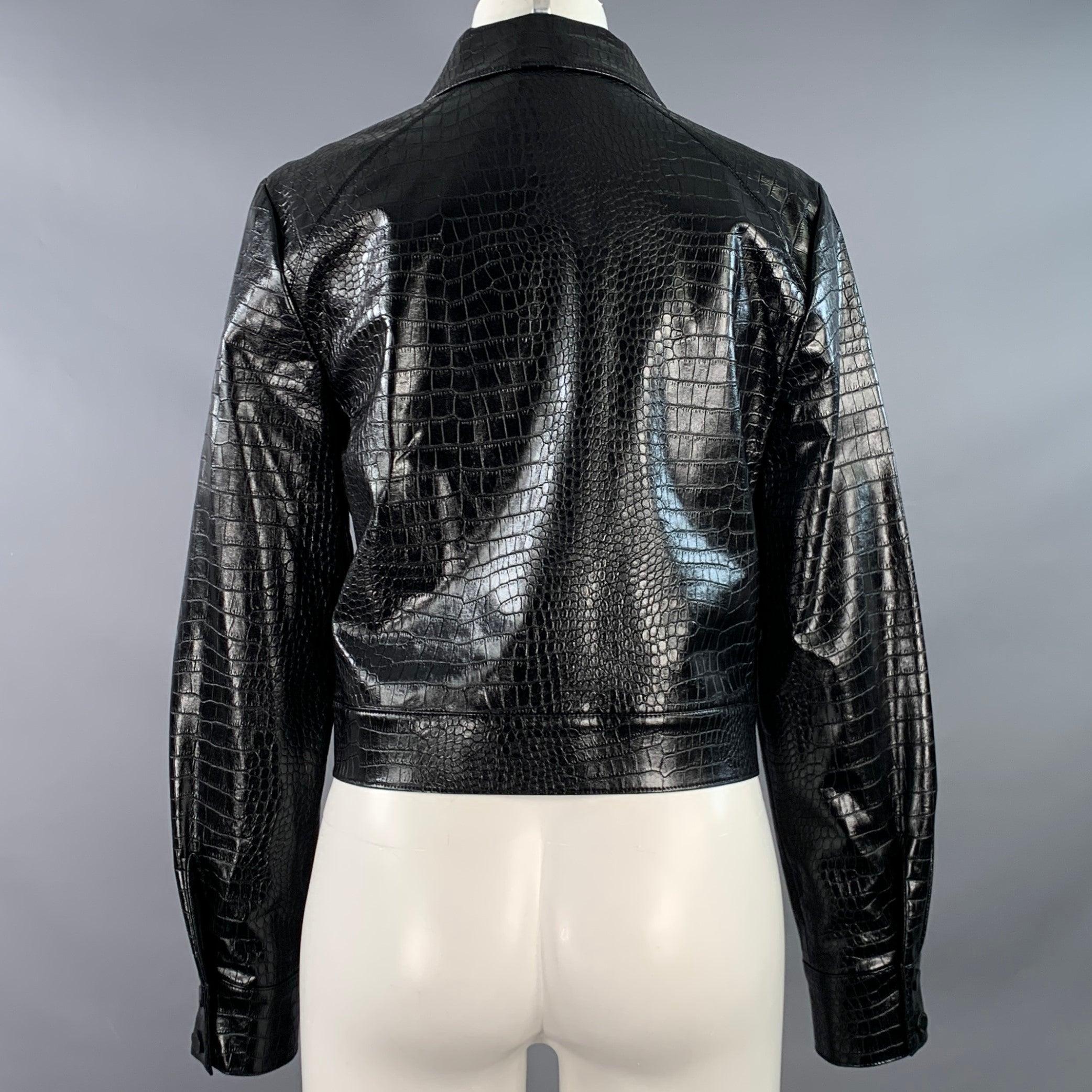 Women's CALVIN KLEIN Size 8 Black Faux Leather Croc Embossed Snaps Jacket For Sale