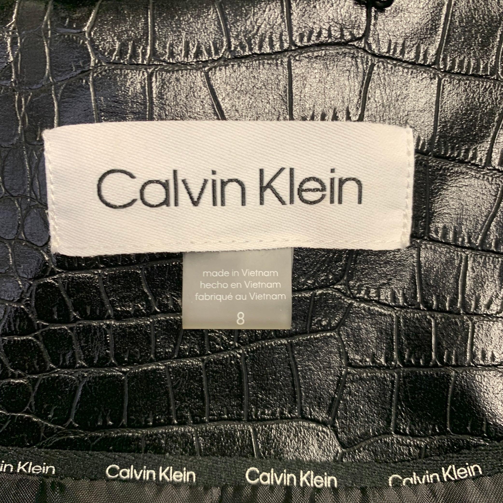 CALVIN KLEIN Size 8 Black Faux Leather Croc Embossed Snaps Jacket For Sale 1