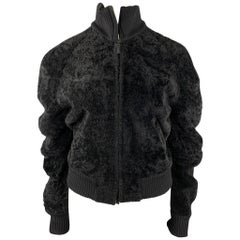 CALVIN KLEIN Size 8 Black Textured Shearling Zip Up Jacket