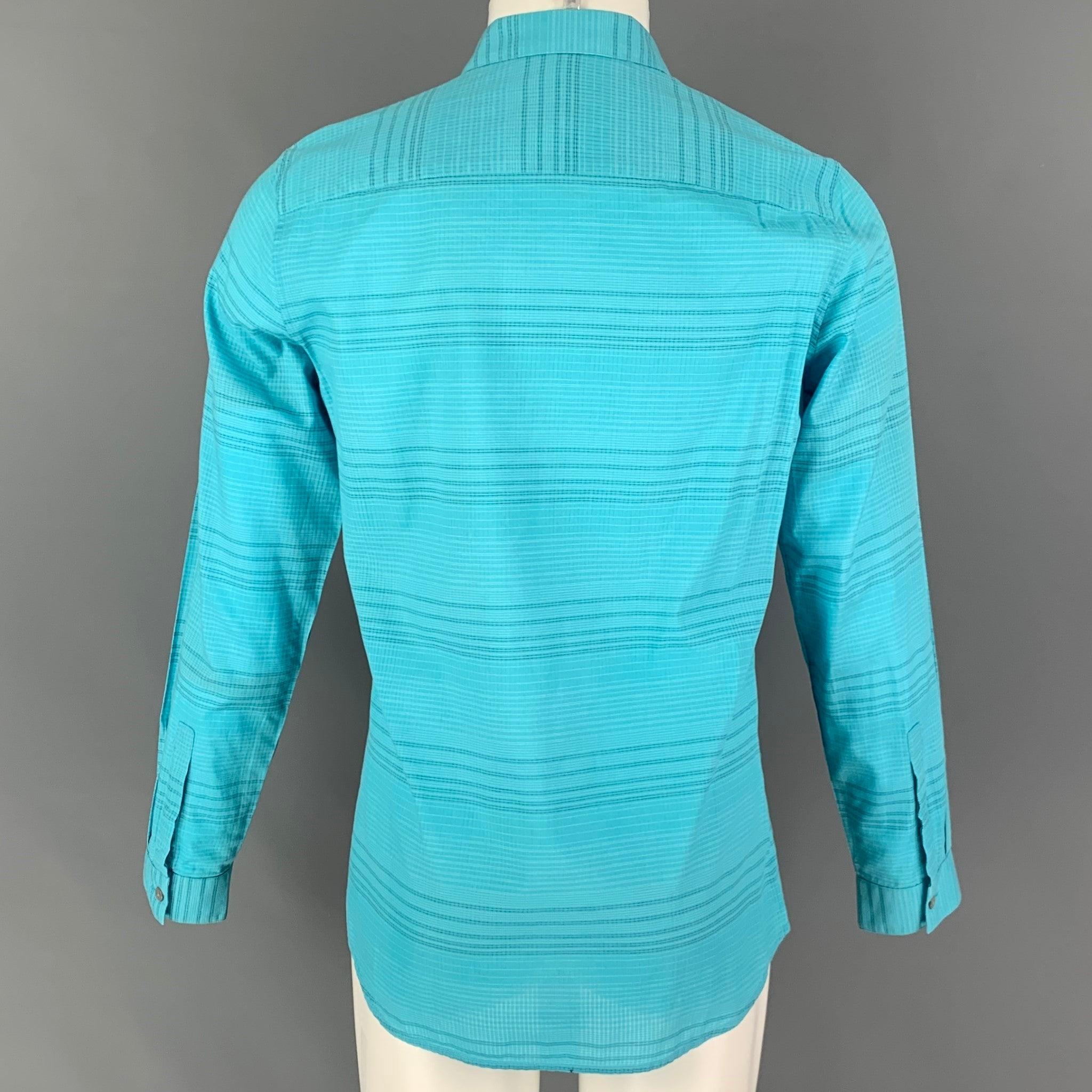 Men's CALVIN KLEIN Size M Aqua Grid Button Up Long Sleeve Shirt For Sale