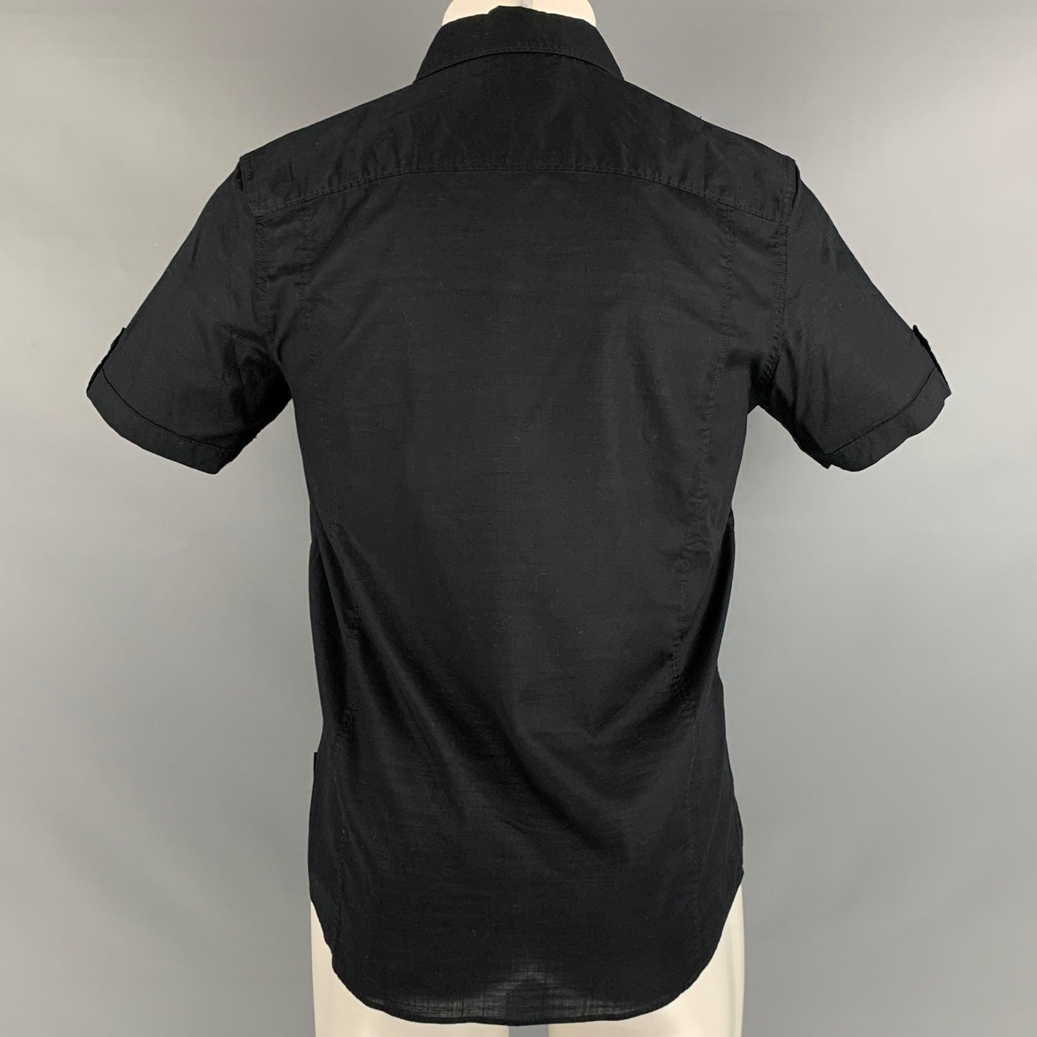 CALVIN KLEIN Size S Black Cotton Epaulettes Short Sleeve Shirt For Sale 1