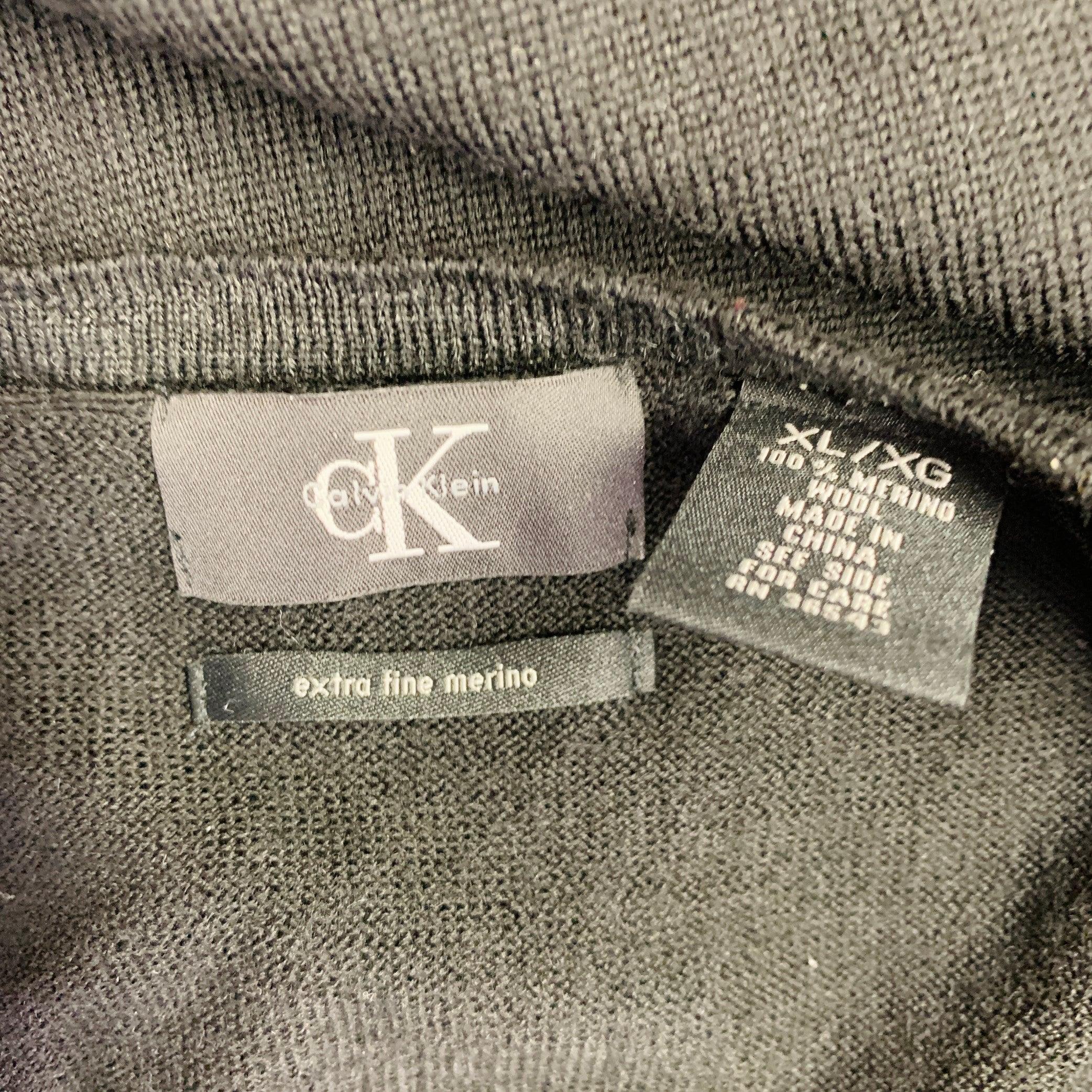 CALVIN KLEIN Size XL Black Merino Wool Knit V-Neck Pullover For Sale 1