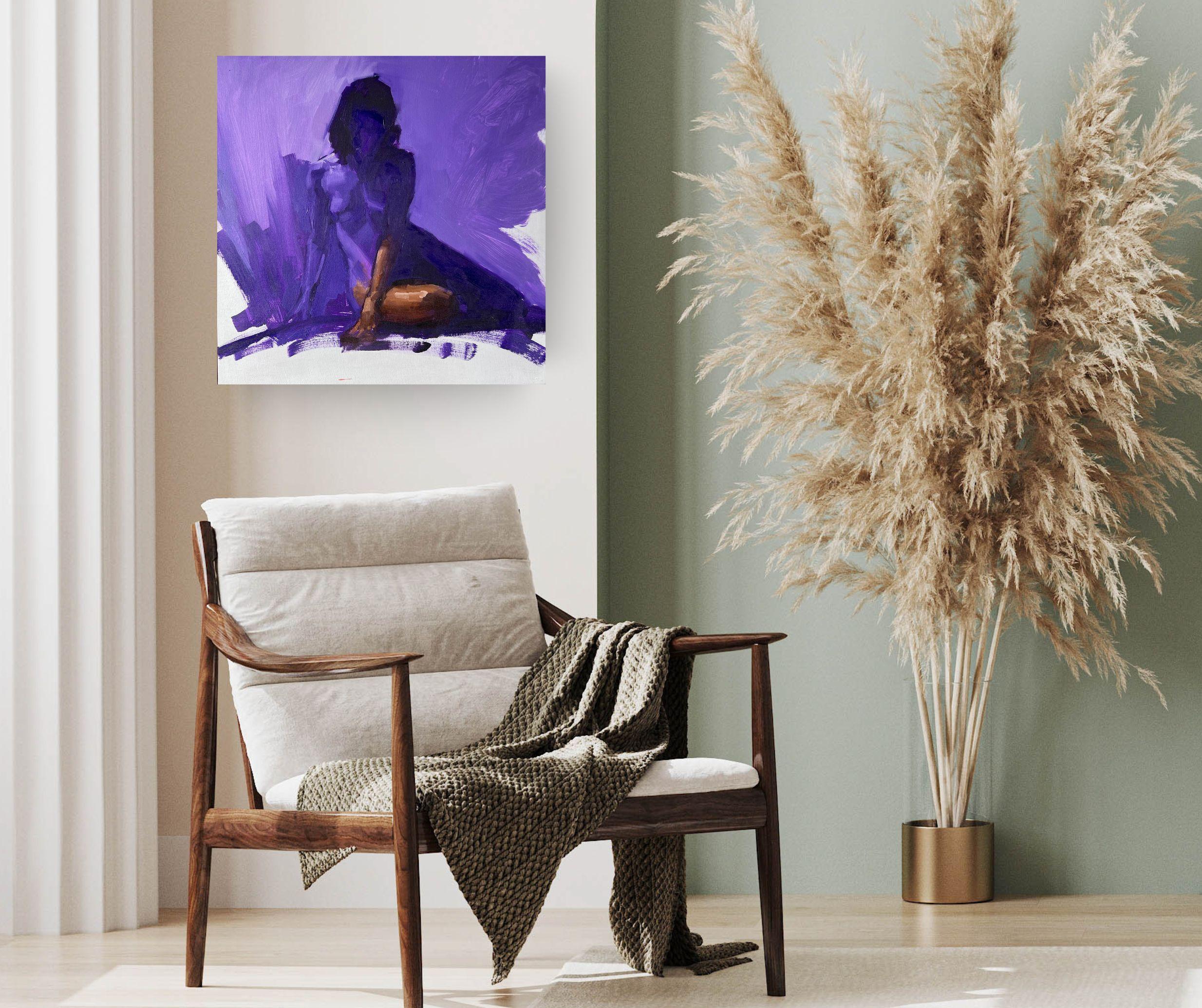Dieses außergewöhnliche Kunstwerk ist derzeit in der Signet Contemporary Art Gallery und online ausgestellt und zu verkaufen. Calvin Lai's Chroma 38 (Lavendel), Öl auf Karton, ist ein Werk, das Sanftheit mit Kühnheit verbindet. Eine liegende nackte