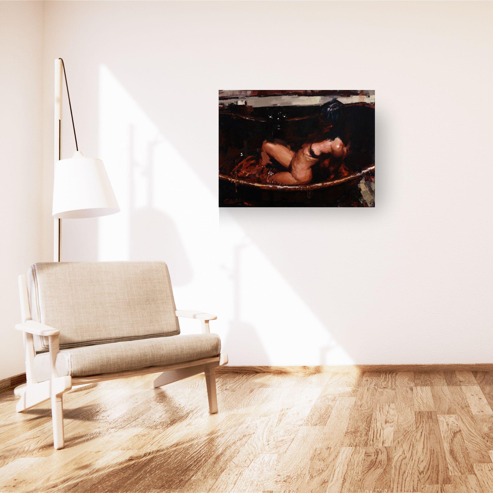Kupfer - Bath Aktporträt, Kunstwerk, Realismus, Ölgemälde, moderne menschliche Form, Kupfer – Painting von Calvin Lai