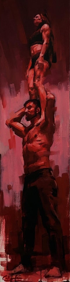 "Respiración profunda" (2022) Pintura al óleo de Calvin Lai con dos acróbatas