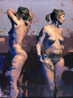 Peinture à l'huile de Calvin Lai représentant deux nus féminins