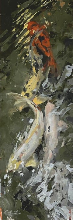 "Koi Social", (2023) Pintura al óleo original de Calvin Lai, Pez Koi