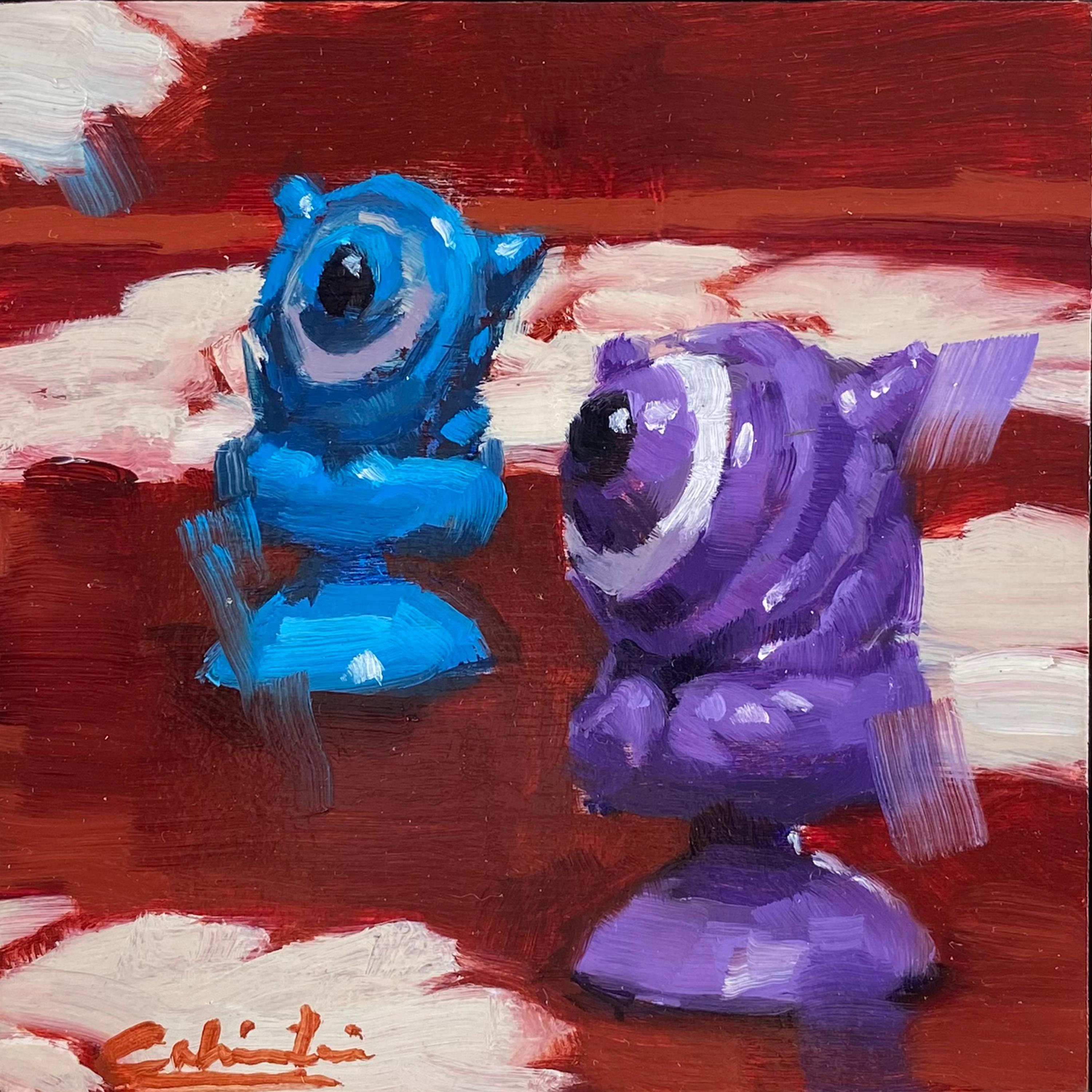 Calvin Lai Figurative Painting – „Little Aliens“, Ölgemälde, farbenfrohes Spielzeug