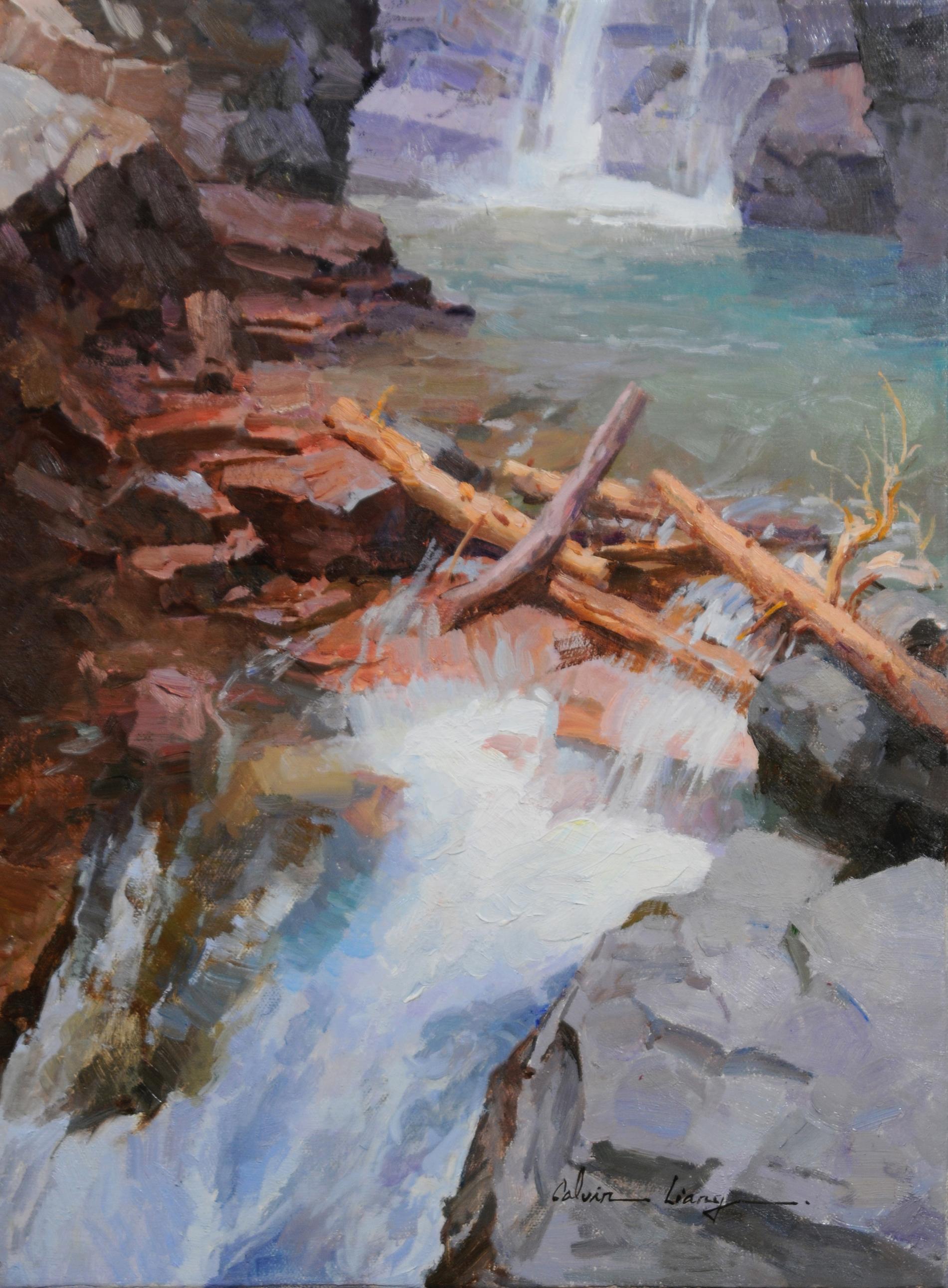 Calvin Liang Landscape Painting – „Wasserfall in Glacier“, Ölgemälde