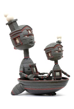 DON'T MAKE WAVES - contemporary surreal gray ceramic sculpture of people in boat
