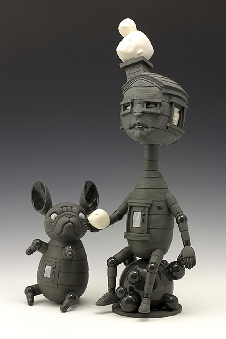 GIVE A LITTLE - contemporary surreal gray ceramic sculpture of boy and dog - Sculpture by Calvin Ma