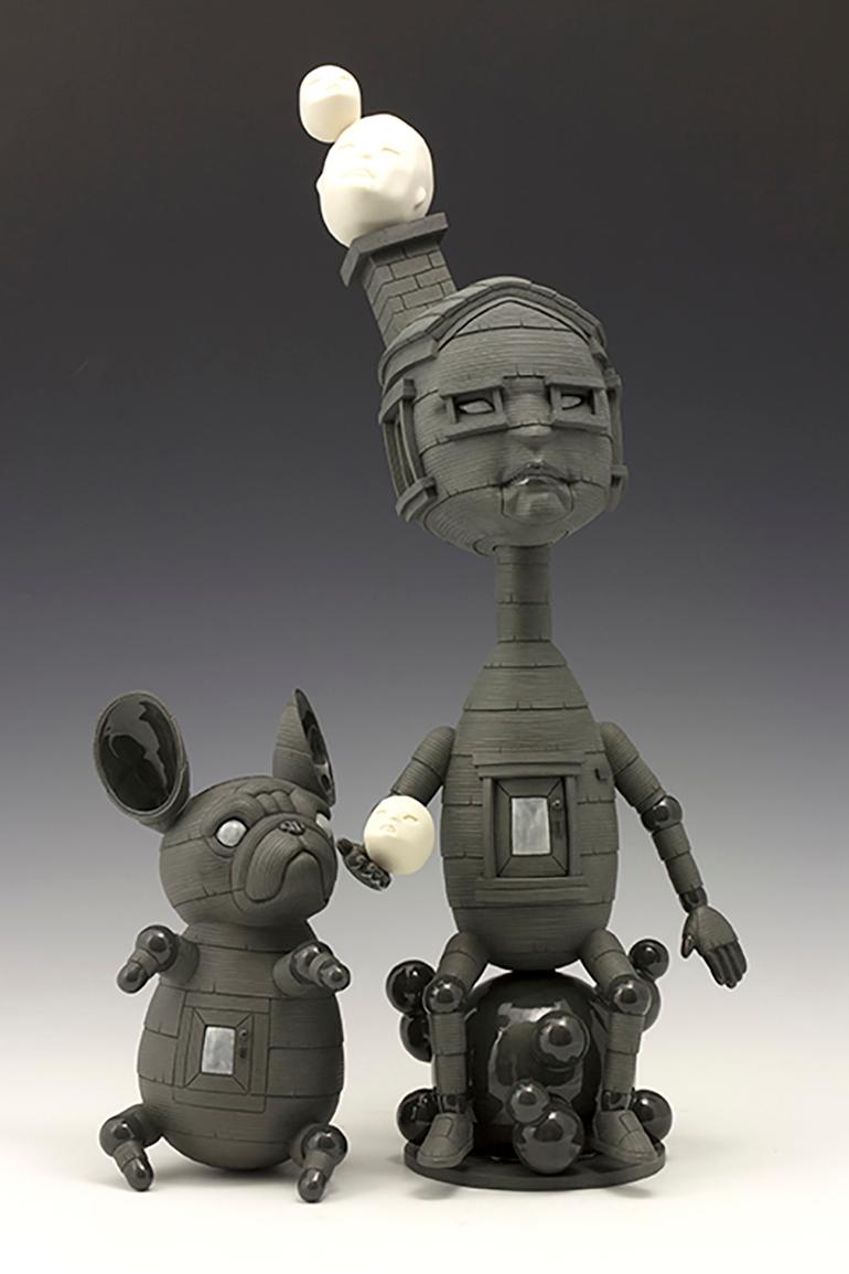 Calvin Ma Figurative Sculpture - GIVE A LITTLE - contemporary surreal gray ceramic sculpture of boy and dog