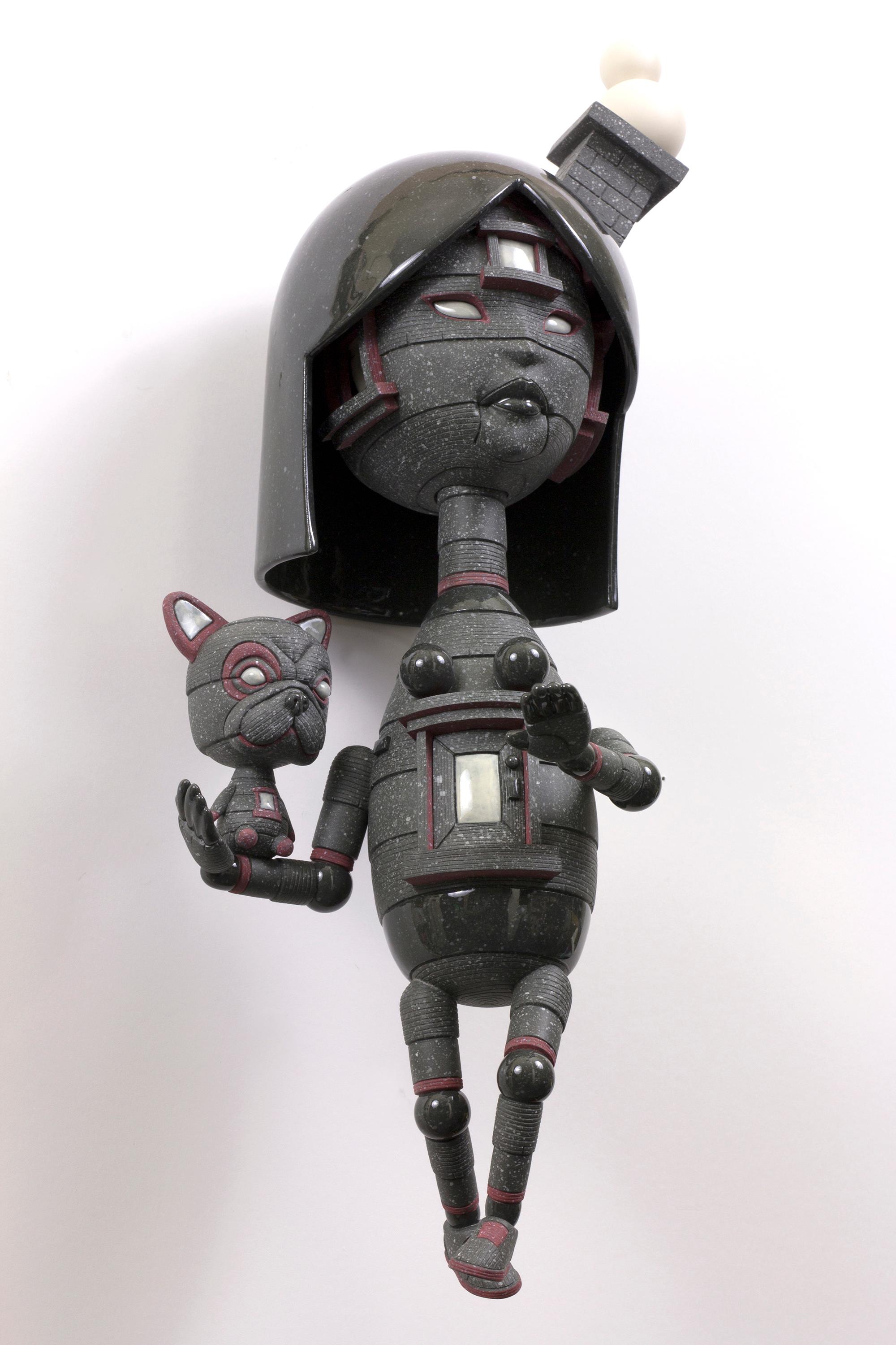 PROTECTIVE - surreal science fiction gray ceramic sculpture with dog - Sculpture by Calvin Ma