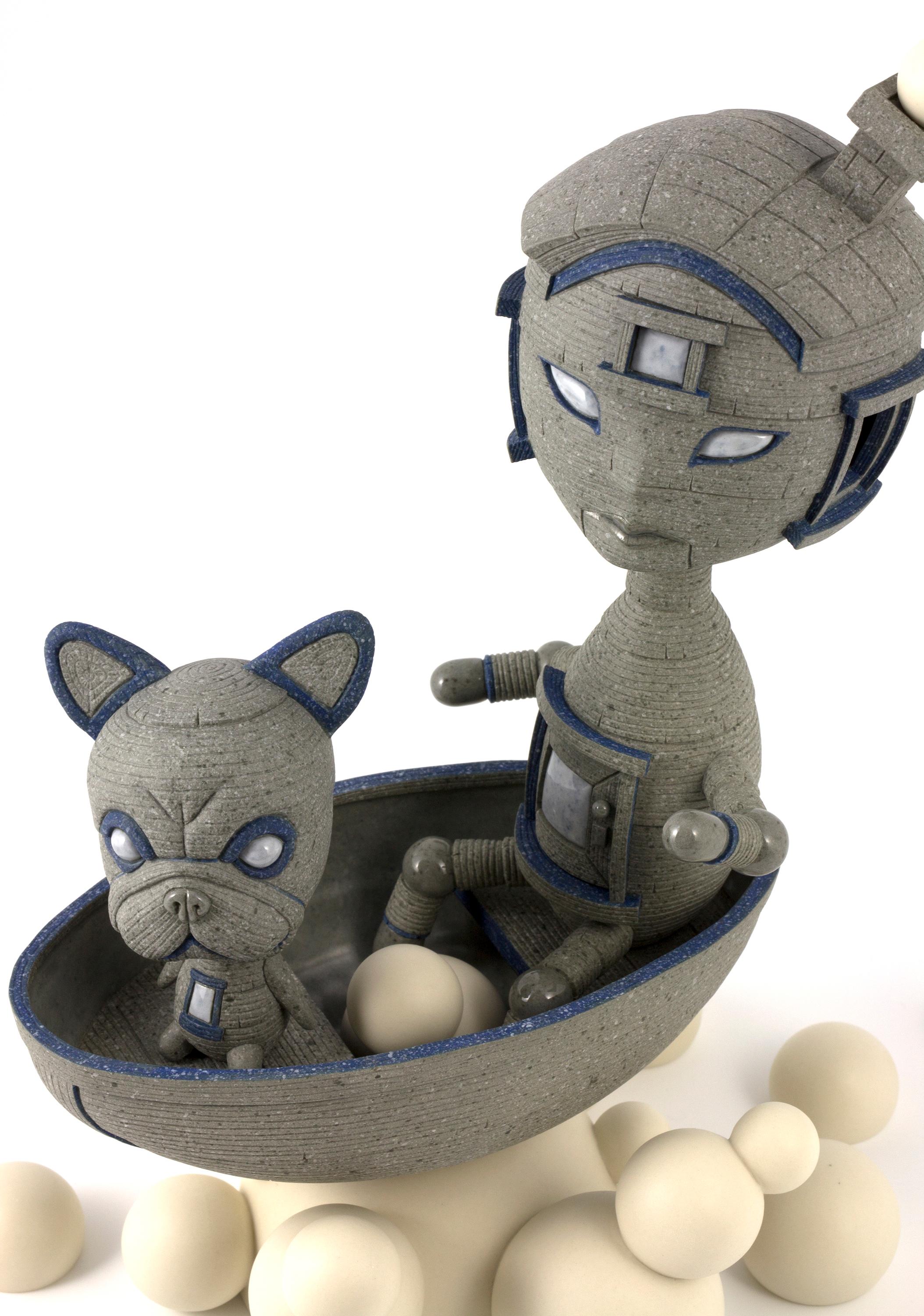 TAKE IT ON - surreal gray ceramic sculpture of boy and dog in boat - Sculpture by Calvin Ma