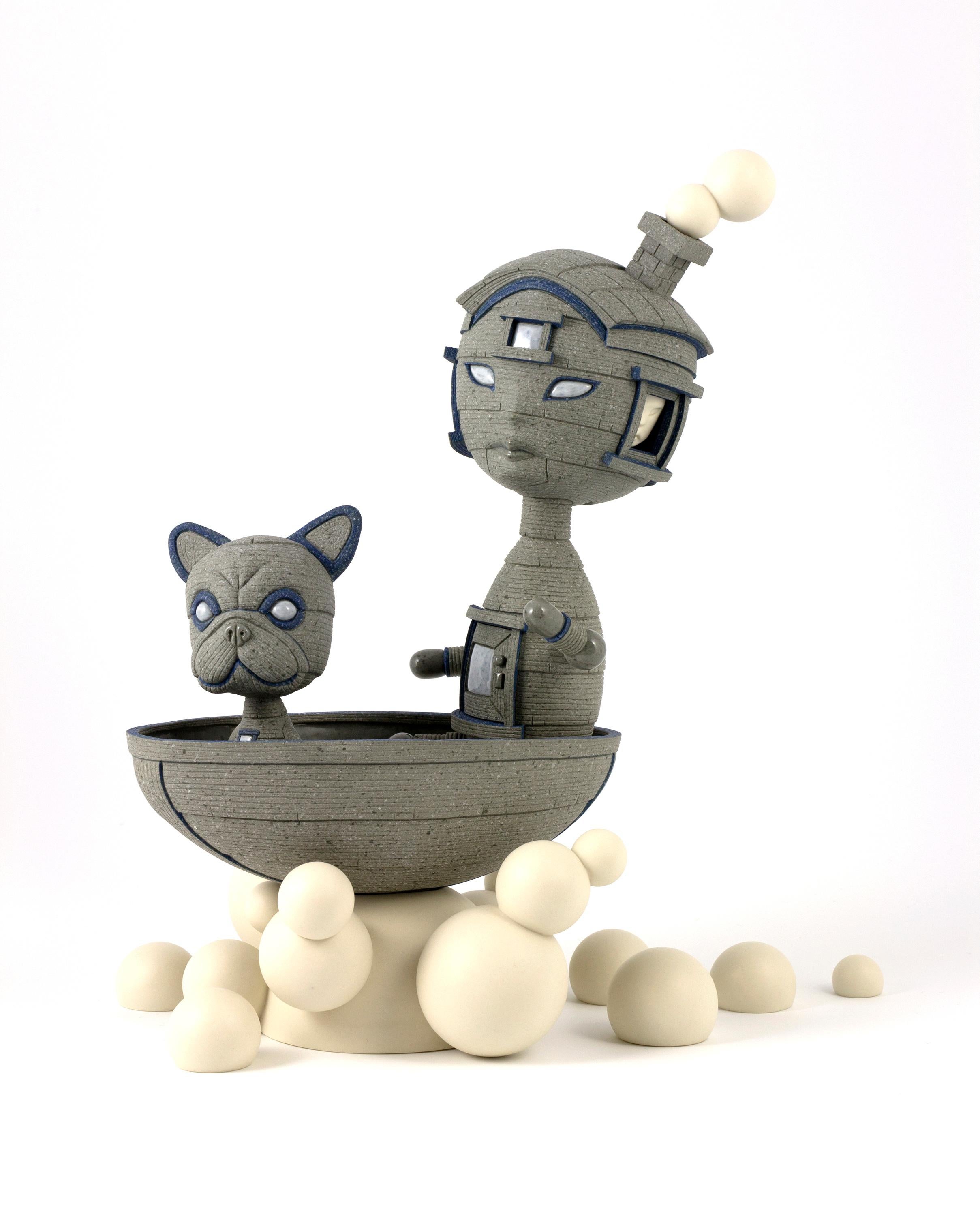 Calvin Ma Figurative Sculpture - TAKE IT ON - surreal gray ceramic sculpture of boy and dog in boat